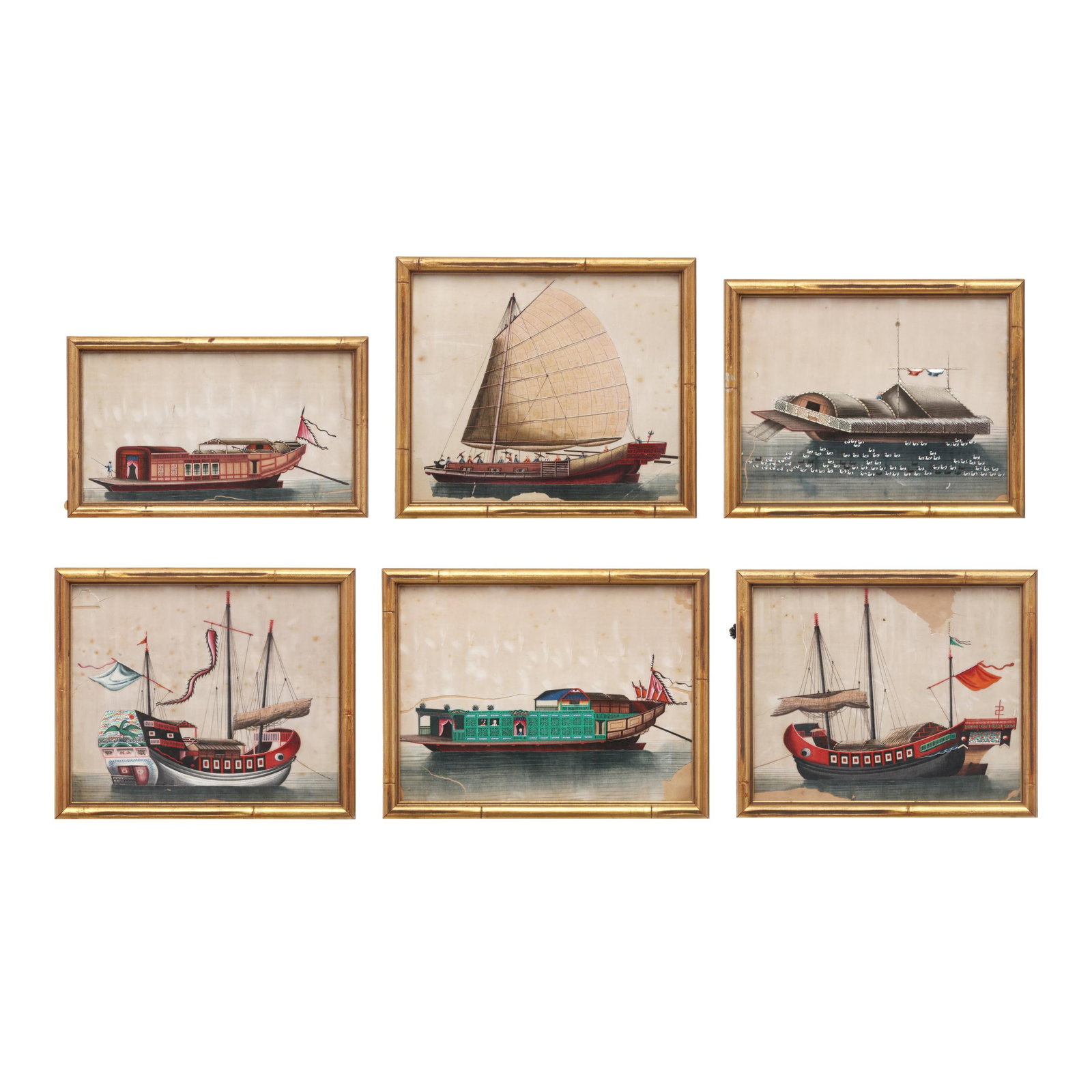 Chinese Export School (19th Century), A Set of Six Paintings of Boats: Chinese Export School (19th Century), A Set of Six Paintings of Boats Qing dynasty (1644-1912), 19th century, gouache pigments on pith paper, a set of six paintings of boats with very fine details, al