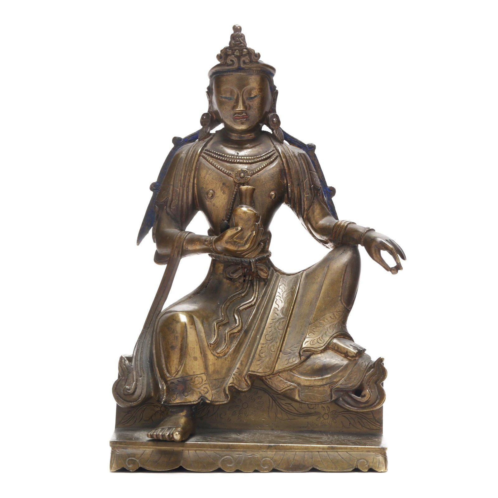 A Sino-Tibetan Gilt Bronze Sculpture of Guanyin: A Sino-Tibetan Gilt Bronze Sculpture of Guanyin 17th or 18th century, bronze with gilt and pigments, the crowned bodhisattva with long blue hair is shown in loose robes seated in rajalilasana position