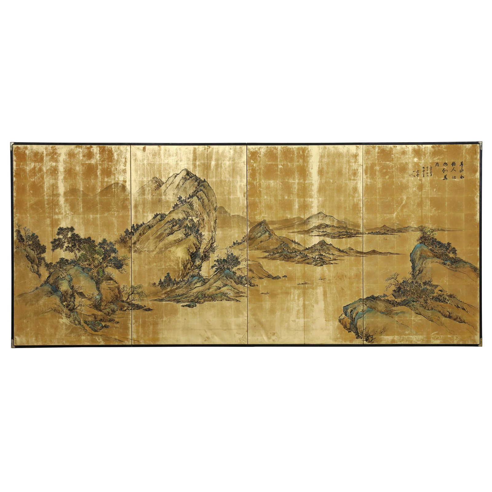 A Japanese Four Panel Nanga Landscape Screen with Gold Ground (1 of 10)
