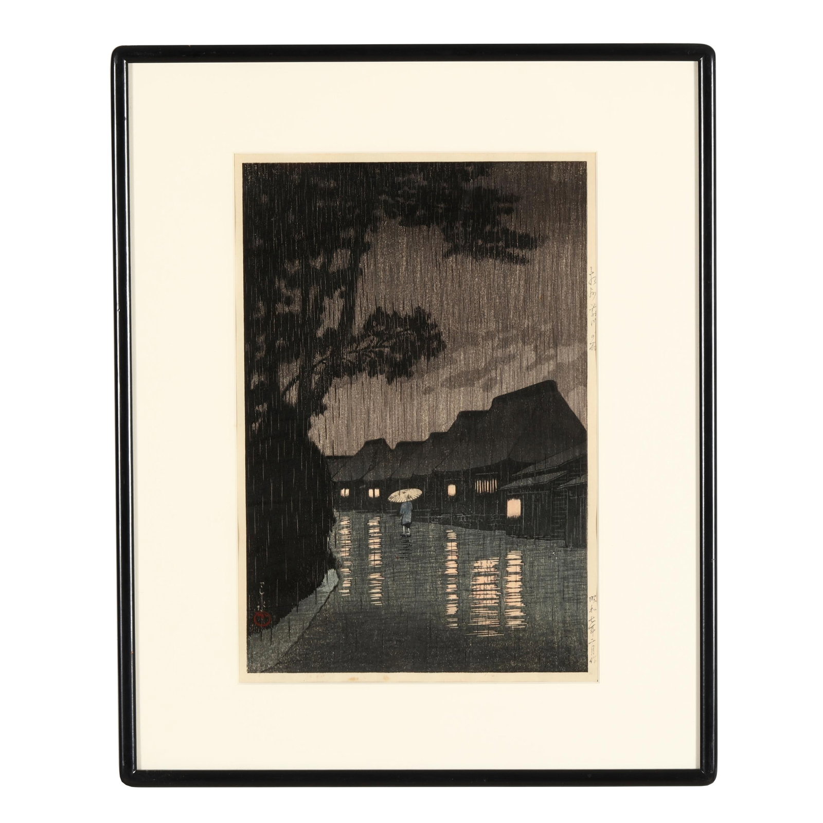 Kawase Hasui (Japanese, 1883-1957), Rain in Maekawa, Soshu: Kawase Hasui (Japanese, 1883-1957), Rain in Maekawa, Soshu Dated Showa 7 (1932), ink and colors on paper, woodblock print, signed Hasui with a red artist seal Kawase to lower left corner of print, tit