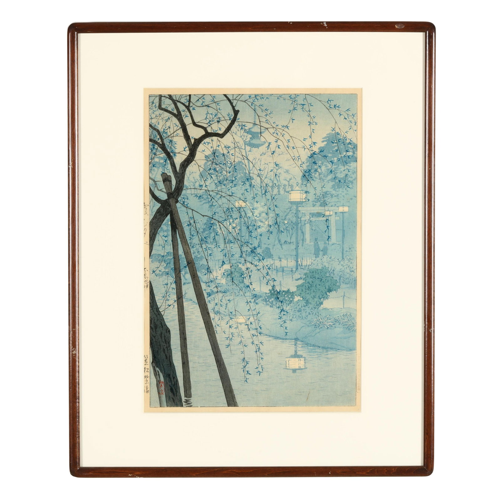 Kasamatsu Shiro (Japanese, 1898-1991), Hazy Evening on the Shore of Shinobazu Pond: Kasamatsu Shiro (Japanese, 1898-1991), Hazy Evening on the Shore of Shinobazu Pond ink and colors on paper, woodblock print, a red artist seal to lower left corner of print, title and date in Japanese