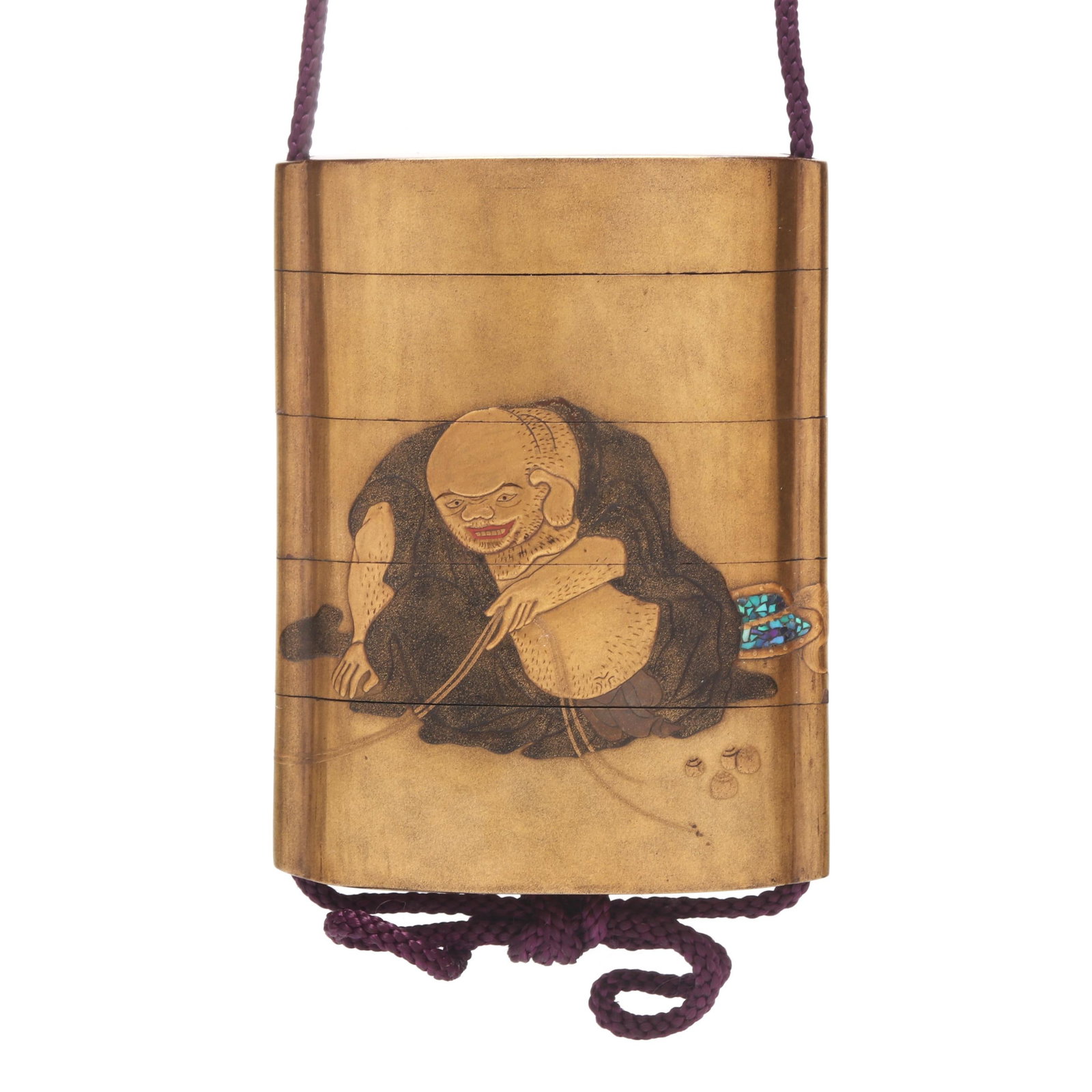 A Japanese Gold Lacquer Inro with Hotei by Kajikawa: A Japanese Gold Lacquer Inro with Hotei by Kajikawa Edo period (1615-1868), lacquer finely decorated in gold and brown takamaki-e and hiramaki-e on a kinji ground with inlaid aogai shell details, four