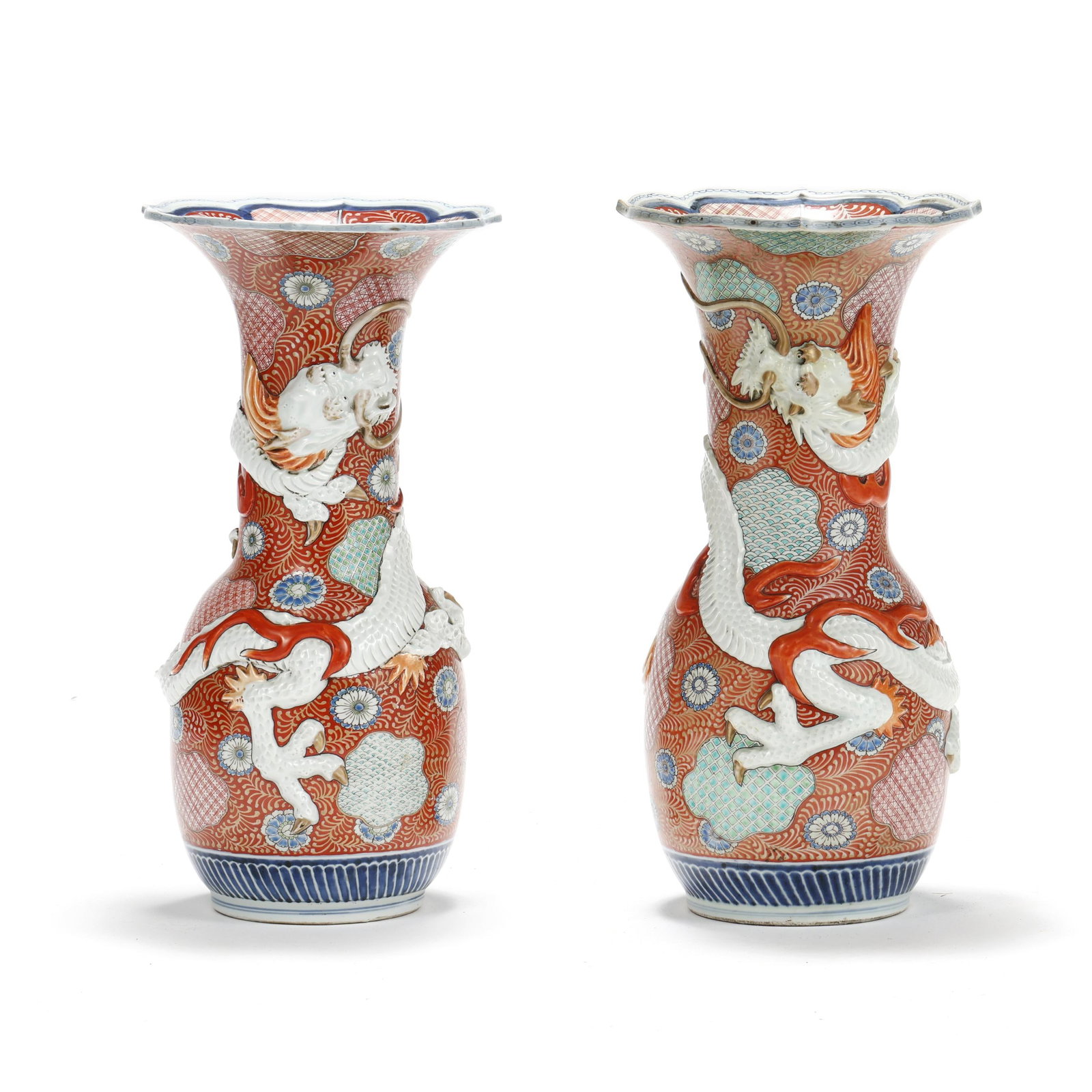 A Pair of Large Japanese Imari Porcelain Vases with Dragons by Zoshuntei Sanpo: A Pair of Large Japanese Imari Porcelain Vases with Dragons by Zoshuntei Sanpo late Edo- early Meiji period, circa 1880s, each vase of baluster form rising to a waisted neck and flared, lobed rim, bol