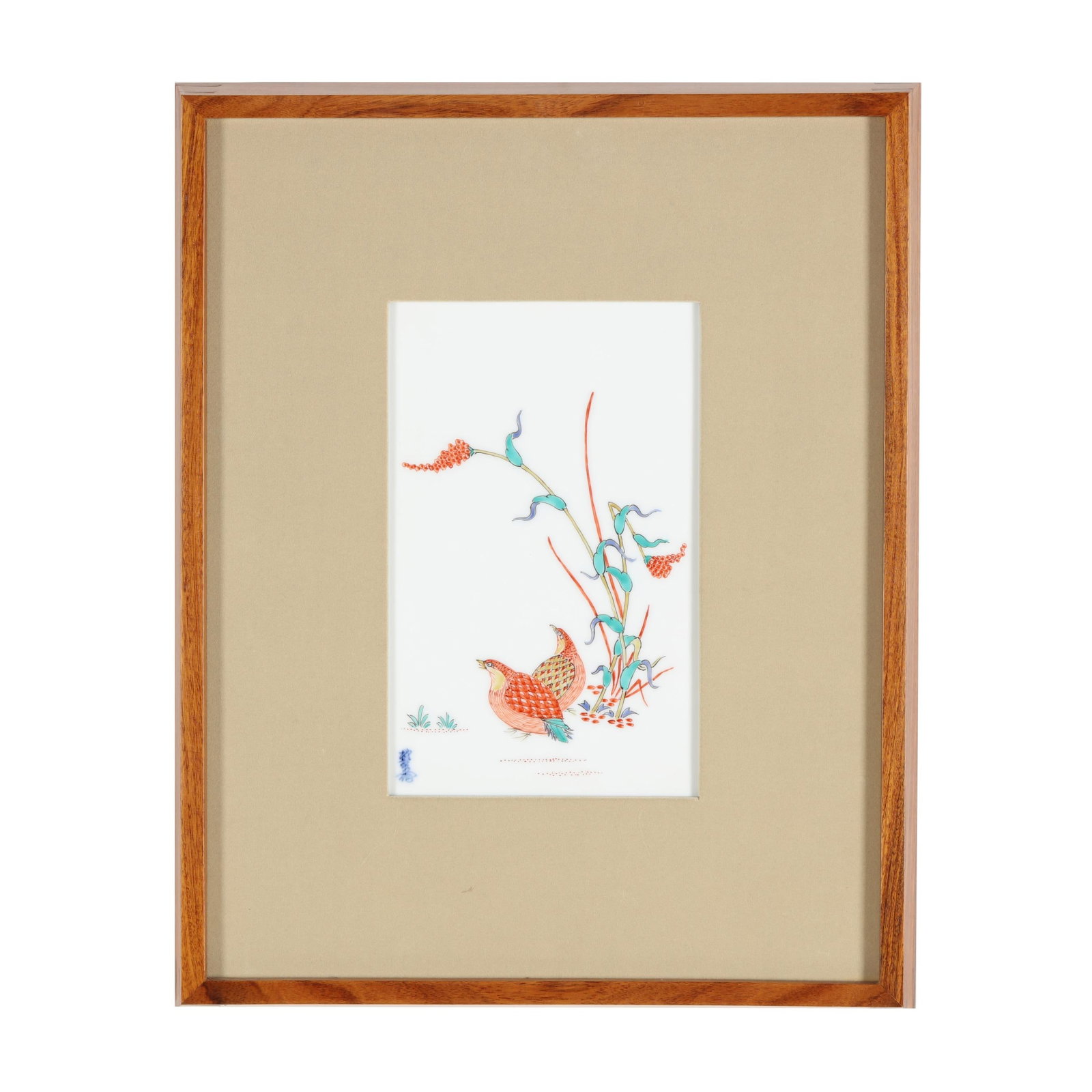Sakaida Kakiemon XII (Japanese, 1878-1963), A Porcelain Plaque with Quails: Sakaida Kakiemon XII (Japanese, 1878-1963), A Porcelain Plaque with Quails Showa period (1926-1989), porcelain plaque hand painted with a charming pair of quails and autumn grasses, signed to lower le