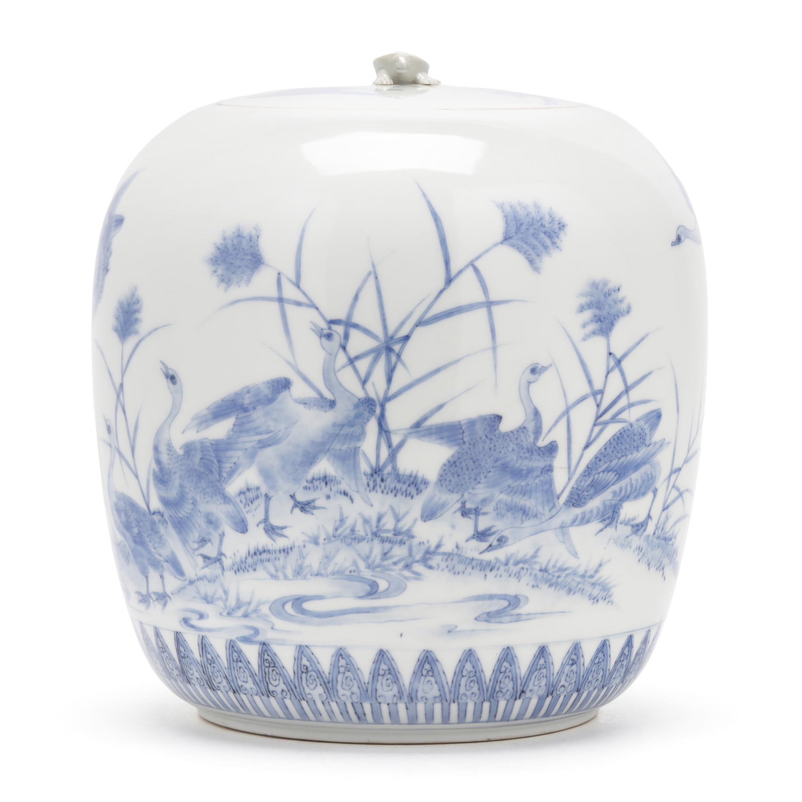 A Japanese Hirado Blue and White Porcelain Water Jar ( Mizusashi ): A Japanese Hirado Blue and White Porcelain Water Jar (Mizusashi) Meiji period (1868-1912), late 19th century, porcelain finely hand painted in underglaze blue with a fall scene of geese and autumn gra