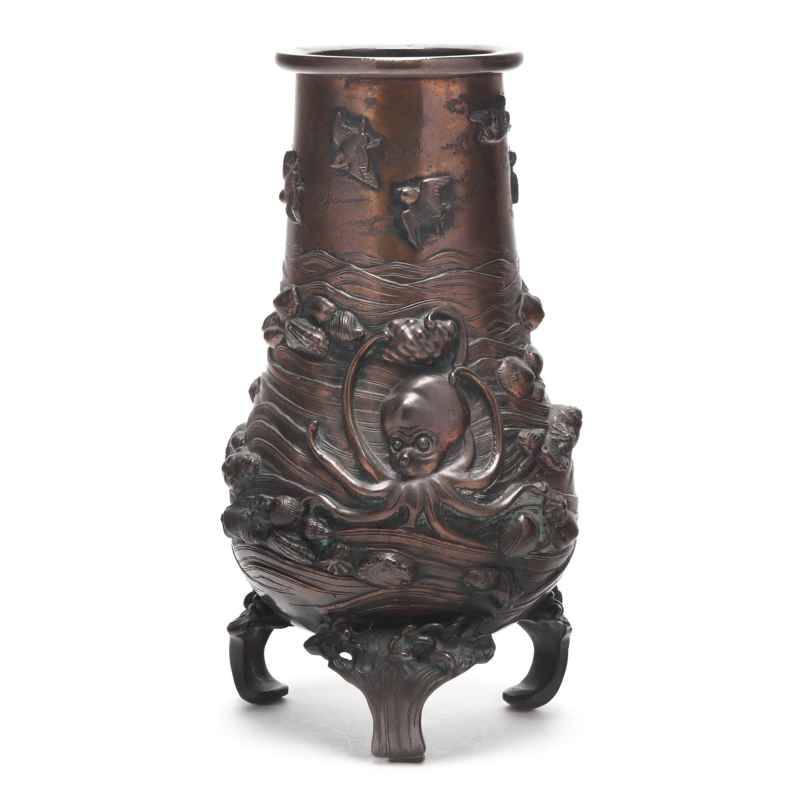 A Japanese Bronze Vase with Ocean Creatures: A Japanese Bronze Vase with Ocean Creatures Meiji period (1868-1912), a beautifully cast bronze vase decorated with waves populated by sea creatures such as octopus and an assortment of fish as well a