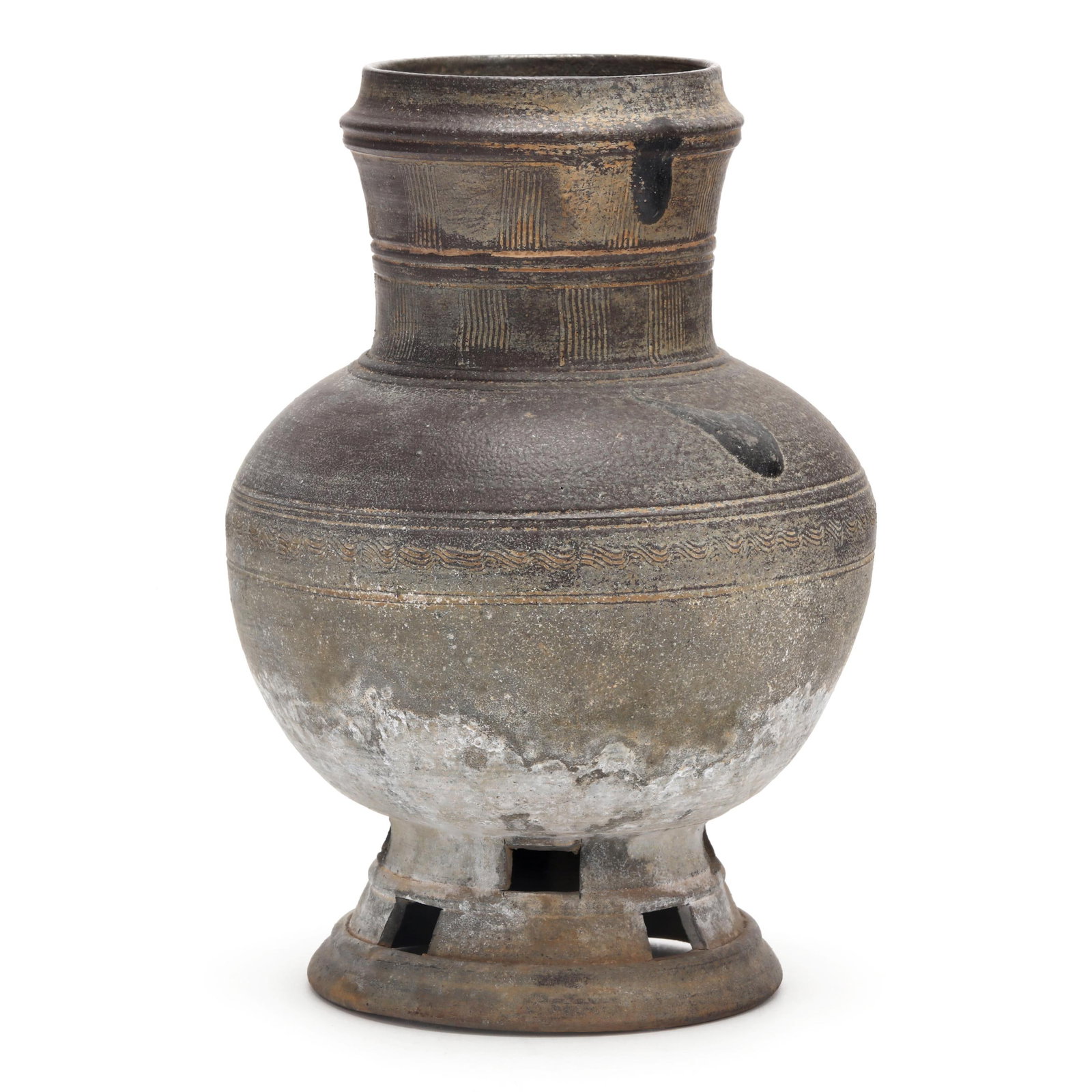 A Korean Stoneware Jar with Perforated Base: A Korean Stoneware Jar with Perforated Base Three Kingdoms period, Silla Kingdom (57 BCE–676 CE), 5th century, stoneware vessel with bluish-gray surface, of globular form rising from a hollow openwo