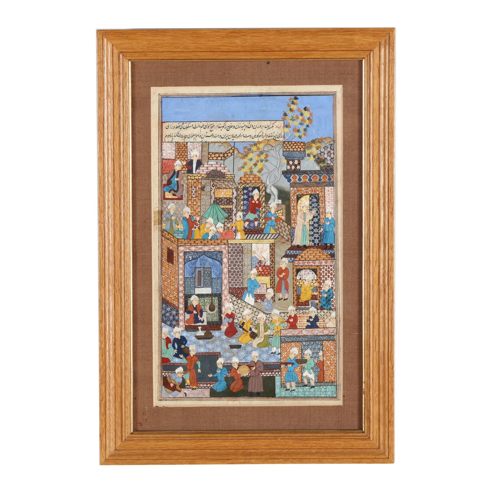 A Persian Miniature Manuscript Illustration Painting: A Persian Miniature Manuscript Illustration Painting likely Safavid Iran, 16th or 17th century period or style, opaque watercolor, ink, and gold on paper, the composition is animated by numerous elega