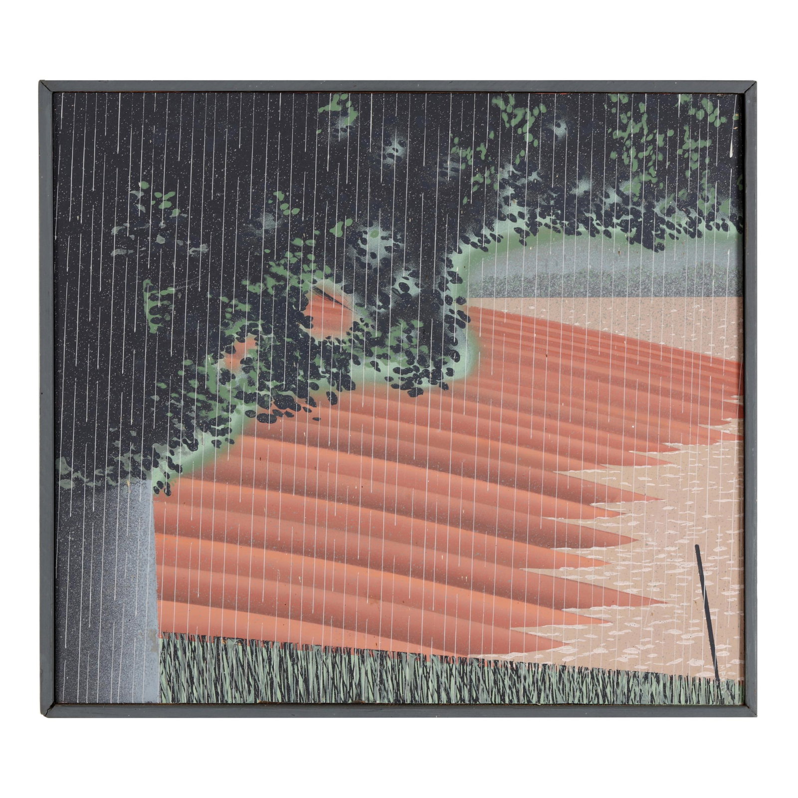 Maud Gatewood (NC, 1934-2004), Rain Over Red Clay: Maud Gatewood (NC, 1934-2004), Rain Over Red Clay acrylic on board, 1978, signed with artist's initials and dated at lower right, framed. Board 14 x 16 in.; Frame dimensions 14 3/4 x 16 1/2 in. Maud G