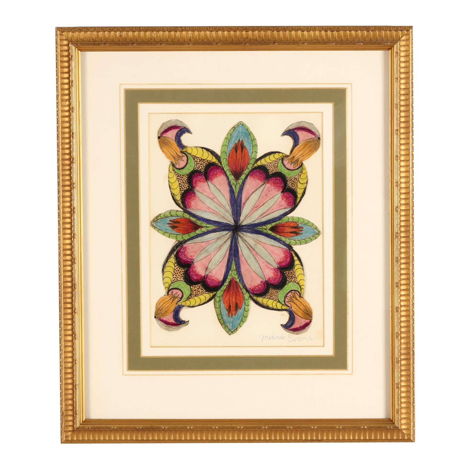 Minnie Evans (NC, 1892-1987), Untitled (foliate mandala) (1 of 7)