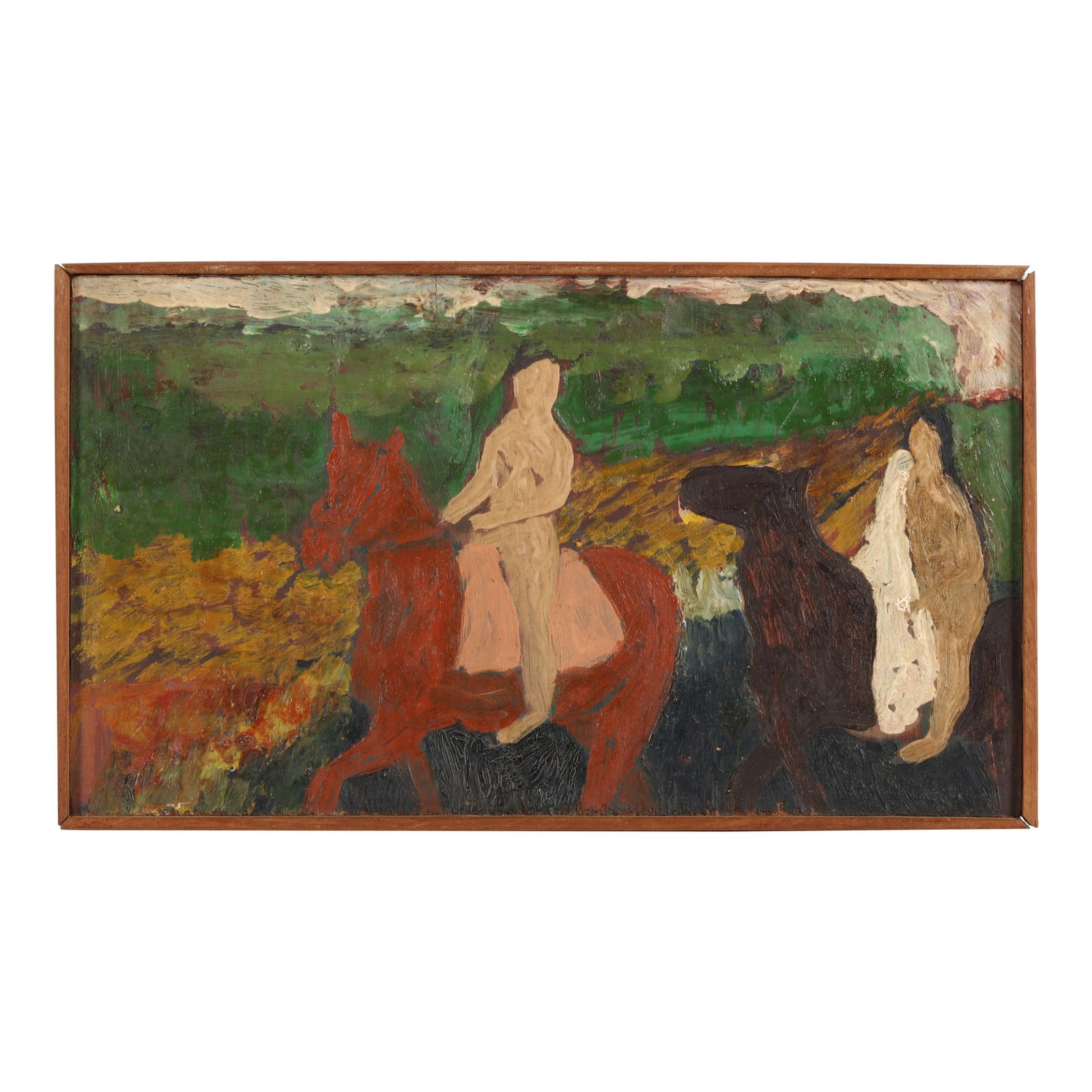 Attributed Bob Thompson (American, 1937-1966), Untitled: Attributed Bob Thompson (American, 1937-1966), Untitled oil on panel, unsigned, inscribed in pencil "Bob Thomson" [sic] to verso, strip framing. Panel 6 1/2 x 11 5/8 in.; Frame dimensions 7 x 12 in. B
