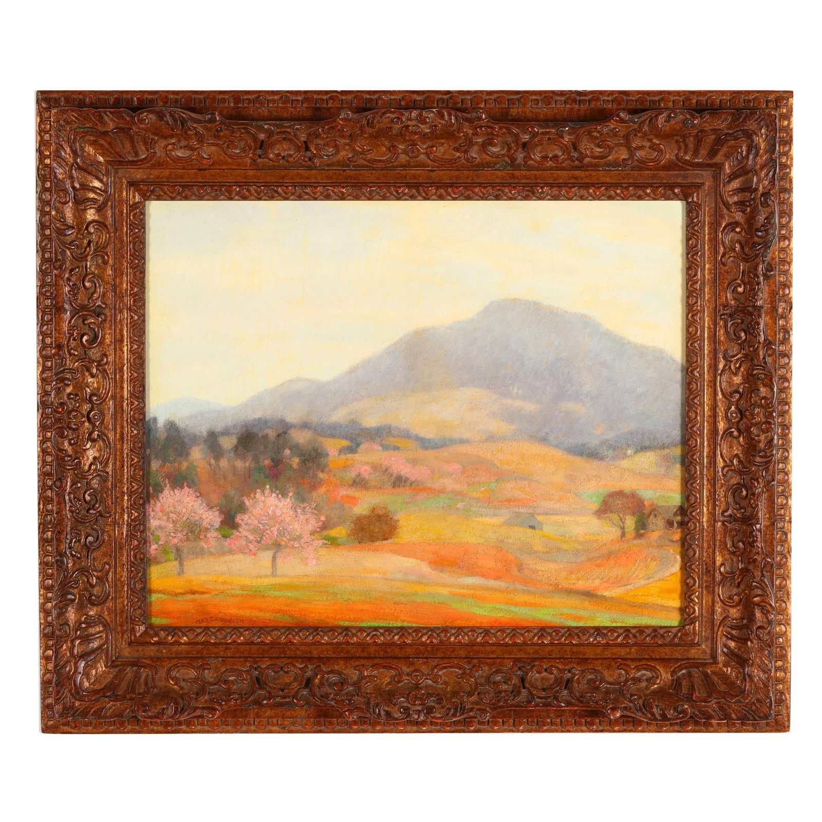 Lawrence Mazzanovich (NC, 1871-1959), Spring Landscape: Lawrence Mazzanovich (NC, 1871-1959), Spring Landscape oil on panel, signed at lower left, presented in period frame. Panel 16 x 20 in.; Frame dimensions 24 x 27 1/2 in. Lawrence Mazzanovich was an Am