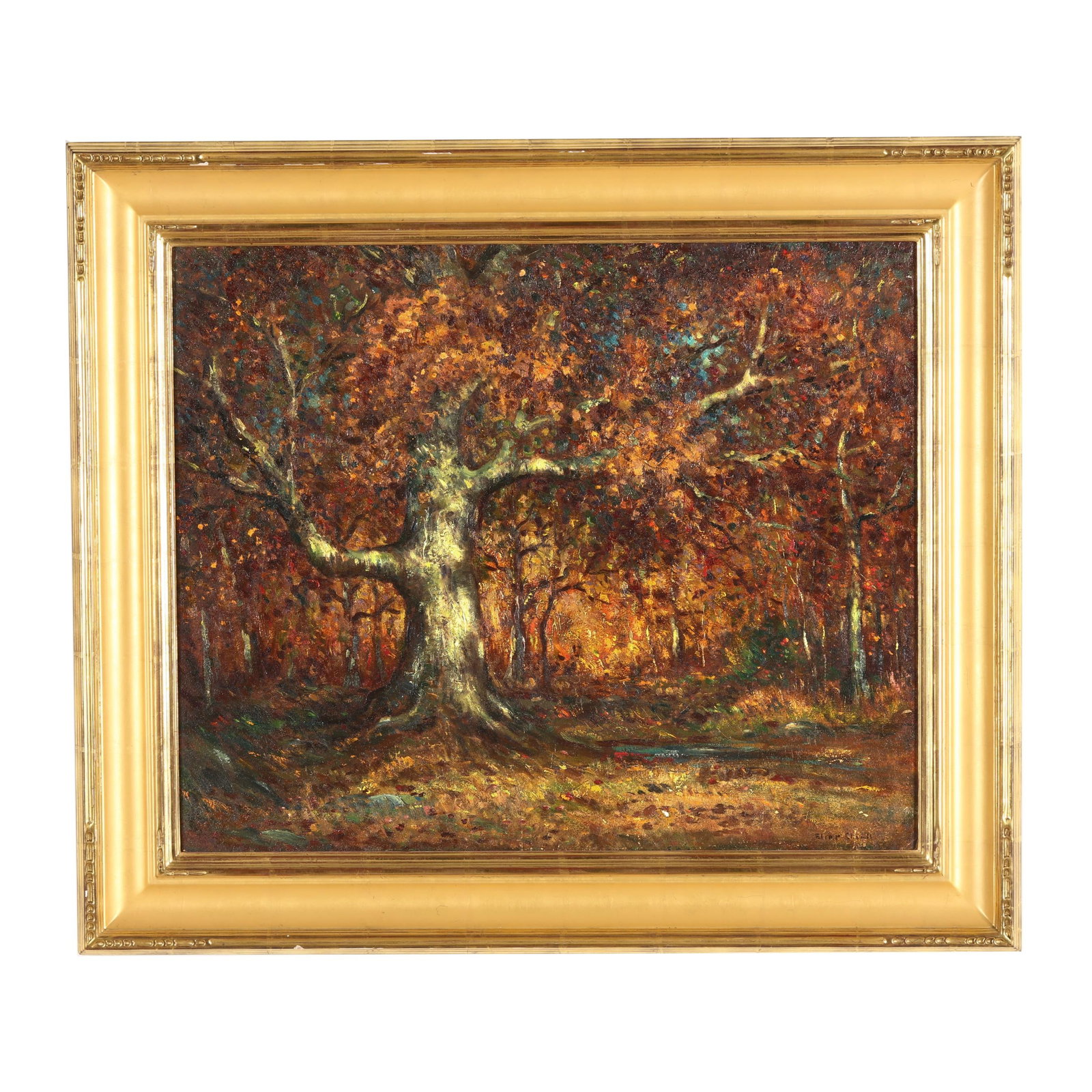 Eliot Candee Clark (American, 1883-1980), Autumn Fire Music: Eliot Candee Clark (American, 1883-1980), Autumn Fire Music oil on board, 1918, signed at lower right, titled and inscribed to the verso, presented in a period-appropriate gilt frame. Board 19 3/4 x 2