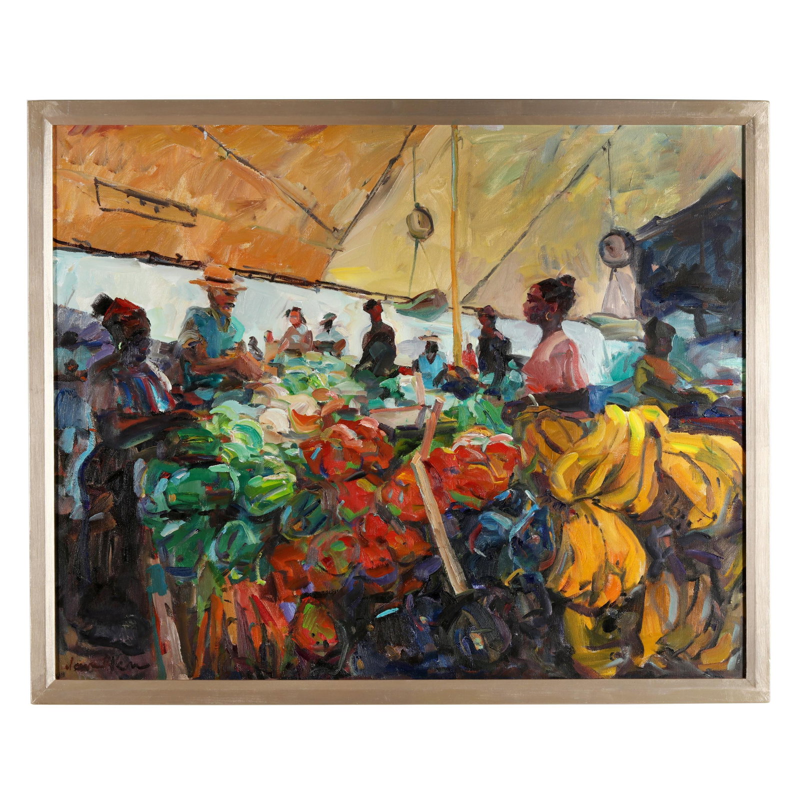 James P. Kerr (American, b. 1953), Market Day: James P. Kerr (American, b. 1953), Market Day oil on linen canvas, signed at lower left, inscribed to verso, framed. Stretcher size 40 x 50 in.; Framed dimensions 43 x 53 in. Born in Buffalo, New York