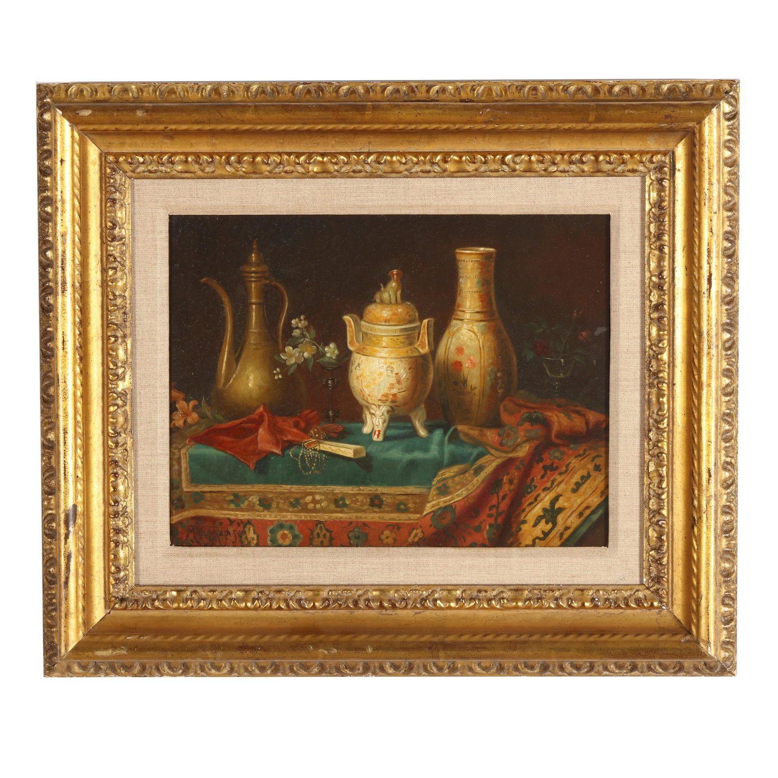 Milne Ramsey (American, 1847-1915), Still Life with Satsuma Censer: Milne Ramsey (American, 1847-1915), Still Life with Satsuma Censer oil on panel, signed at lower left, presented in a giltwood frame. Panel 10 x 13 in.; Frame dimensions 17 x 20 in. Milne Ramsey studi