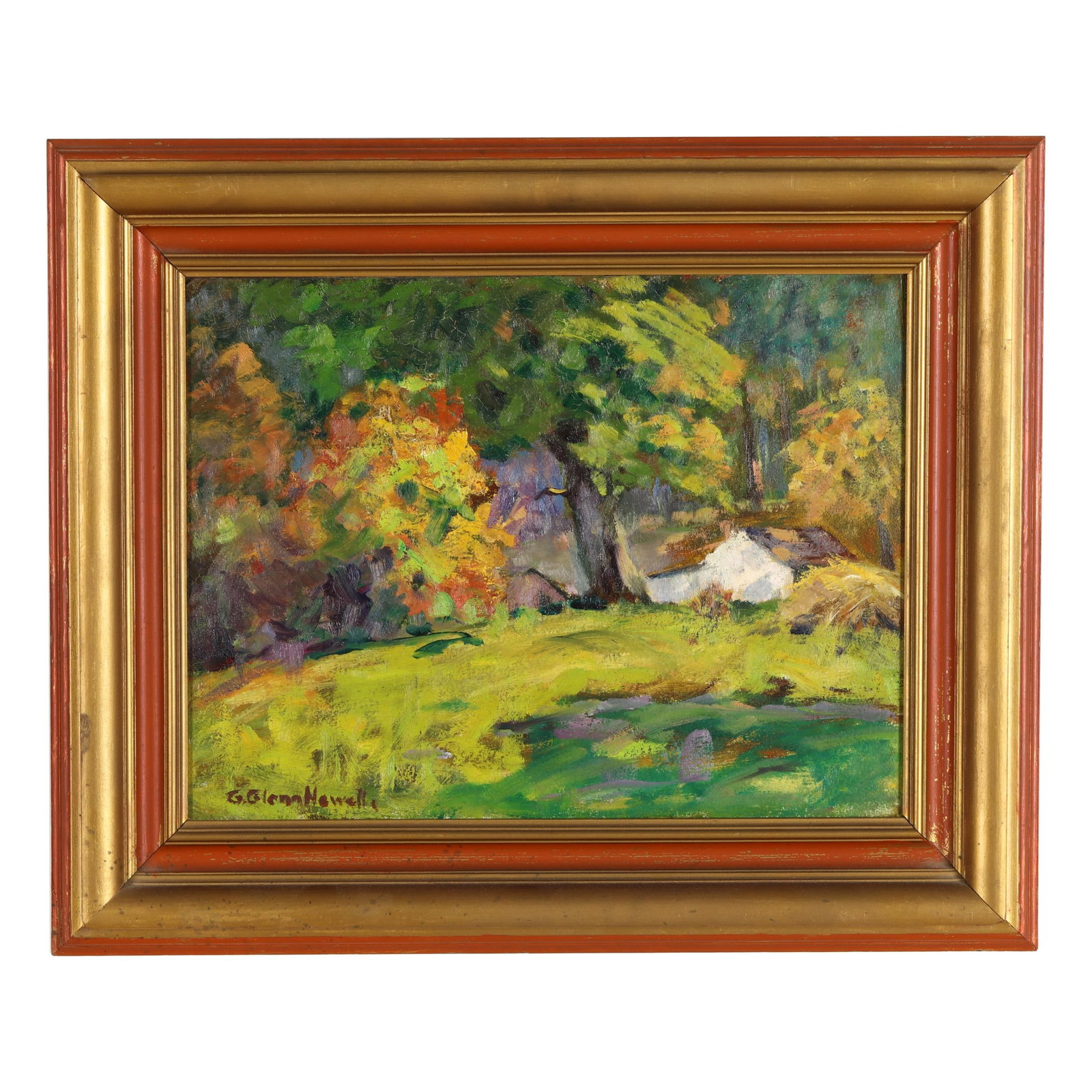George Glenn Newell (American, 1870-1947), Summer Landscape: George Glenn Newell (American, 1870-1947), Summer Landscape oil on board, signed at lower left, retaining label for Harlow, McDonald & Co. gallery on the verso, framed. Board 12 x 16 in.; Frame dimens