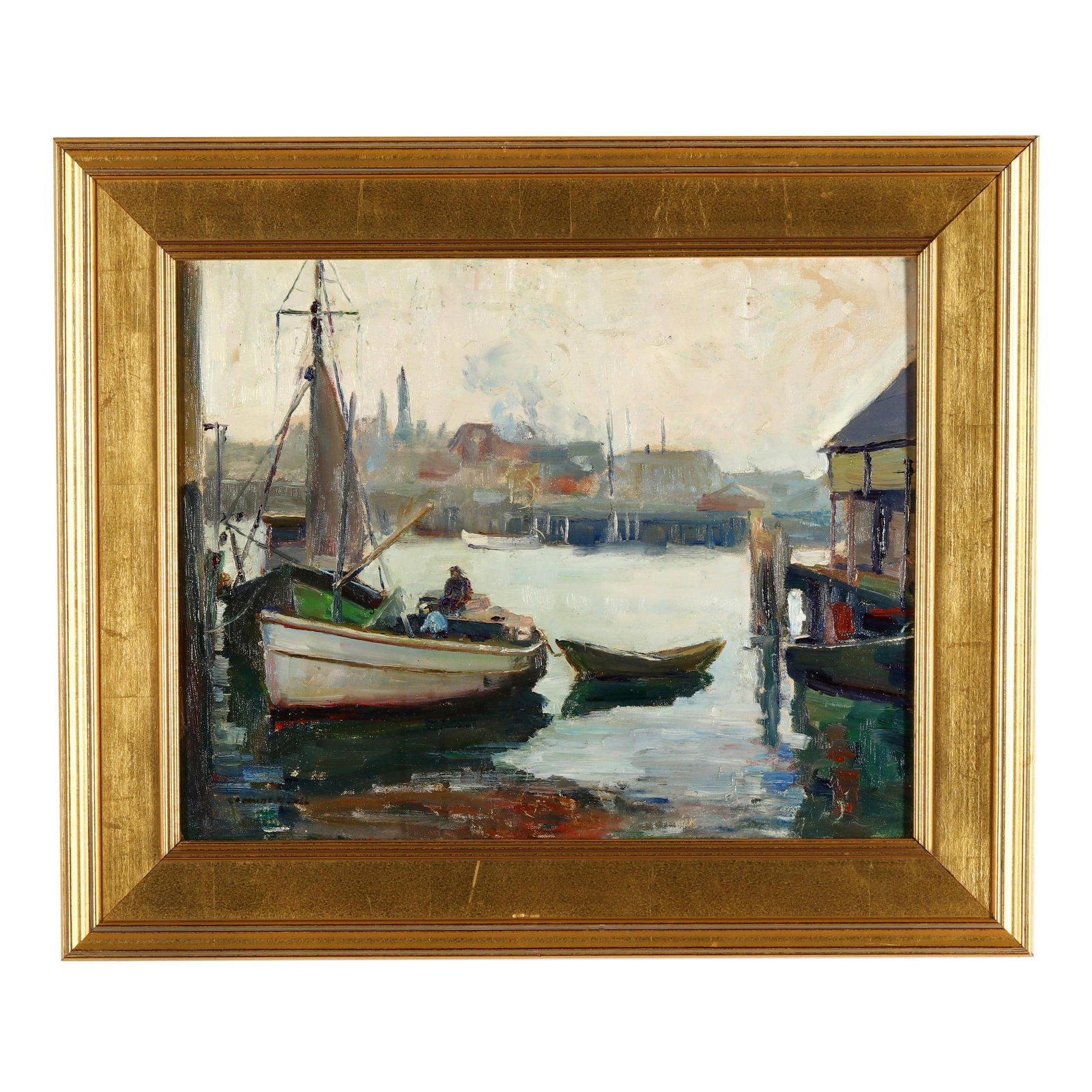 Caroline Bell (American, 1874-1970), Gray Day: Caroline Bell (American, 1874-1970), Gray Day oil on canvas board, signed at the lower left, inscribed and titled to the verso, presented in a contemporary giltwood frame. Panel 16 x 20 in.; Frame dim