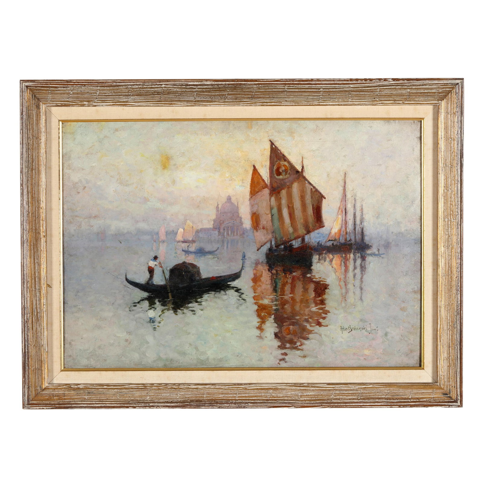 Alfred De Breanski, Jr. (British, 1877-1957), Off the Giudecca, Venice (Il Redentore): Alfred De Breanski, Jr. (British, 1877-1957), Off the Giudecca, Venice (Il Redentore) oil on canvas, signed at lower right, inscribed to verso, retaining label from A. Vivian Mansell & Co. of London t