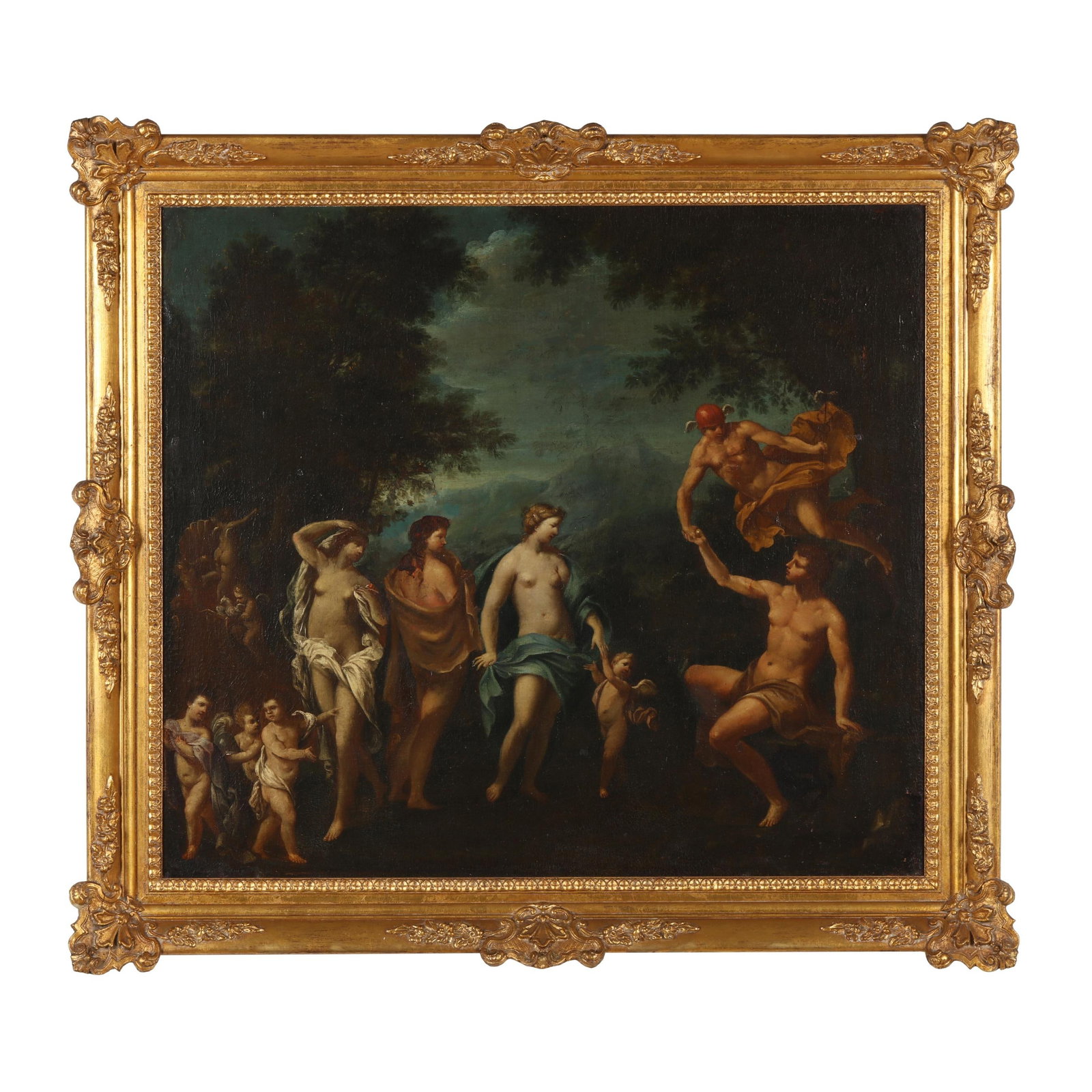 French School (18th century), The Judgement of Paris: French School (18th century), The Judgement of Paris oil on canvas laid on Masonite, unsigned, presented in a later frame. Board 32 x 36 in.; Frame dimensions 39 1/2 x 44 in. In the 17th and 18th cent
