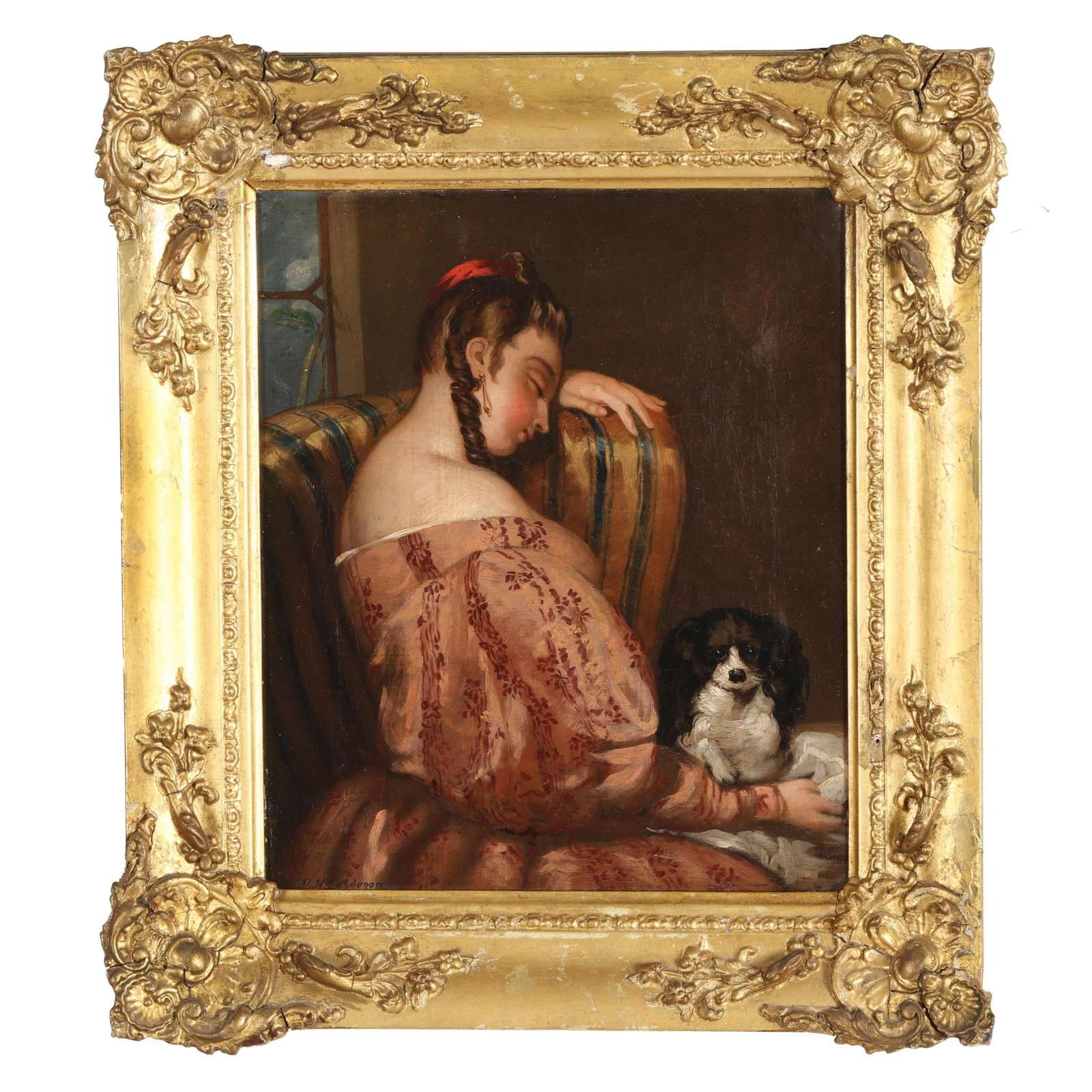Philip Hermogenes Calderon (French, 1833-1898), Resting Woman with Spaniel: Philip Hermogenes Calderon (French, 1833-1898), Resting Woman with Spaniel oil on canvas (lined), signed at lower left, presented in a period giltwood frame. Stretcher size 12 x 10 in.; Frame dimensio