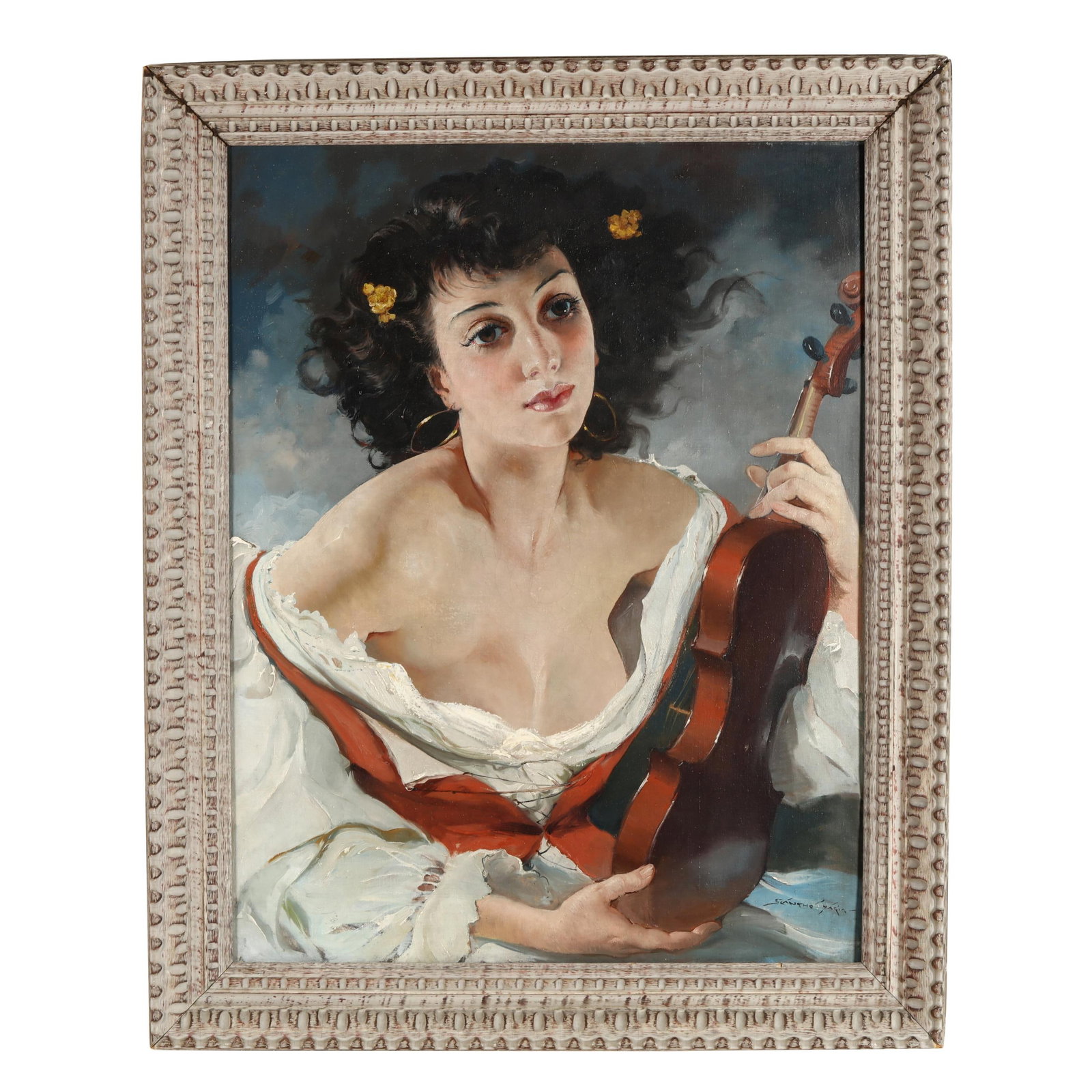 Maria Szantho (Hungarian, 1897-1998), Woman with Violin: Maria Szantho (Hungarian, 1897-1998), Woman with Violin oil on canvas, signed at lower right, presented in a period frame. Stretcher size 31 1/2 x 24 in.; Frame dimensions 37 1/4 x 30 in. Mária Szán
