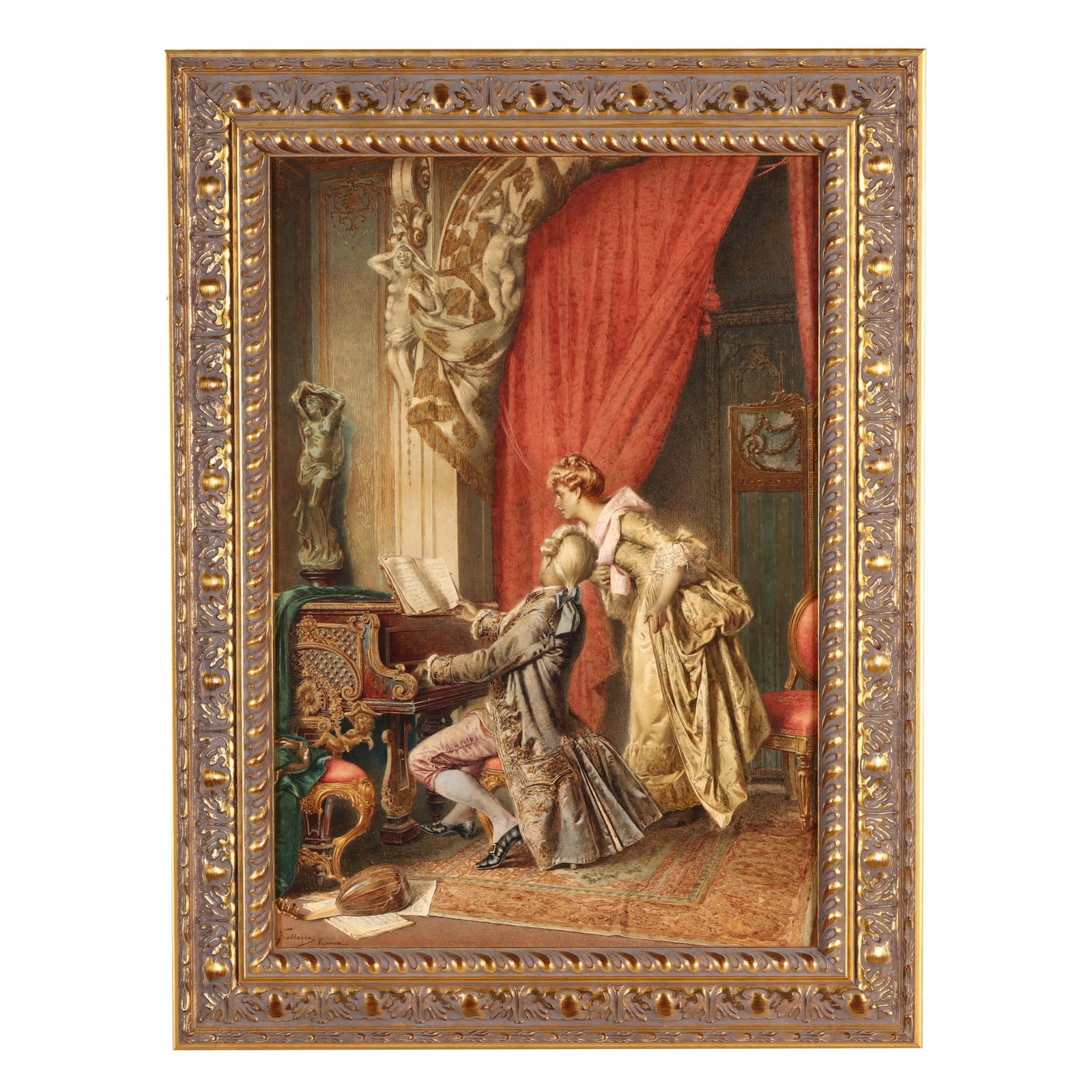 Francesco Ballesio (Italian, 1860-1923), Parlor Scene with Musician: Francesco Ballesio (Italian, 1860-1923), Parlor Scene with Musician watercolor on paper, signed and inscribed "Roma" to lower left, presented in a giltwood frame under glass. Sight size 29 1/2 x 20 in