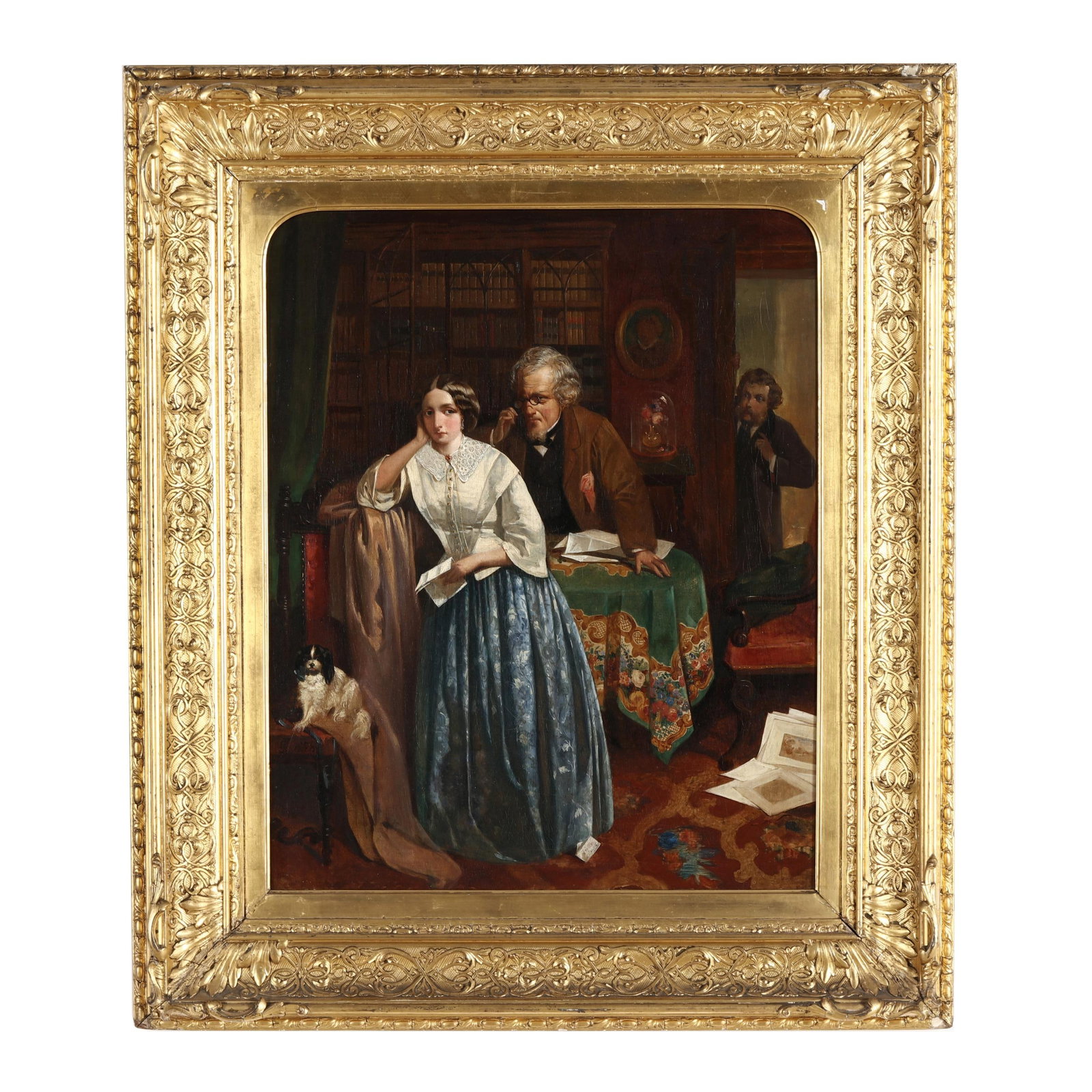 James Stevenson Craig (British, fl. 1854-1870), The Suspected Love Letter: James Stevenson Craig (British, fl. 1854-1870), The Suspected Love Letter oil on canvas, 1858, signed with the artist's monogram at center left, inscribed to the verso, presented in the likely origina