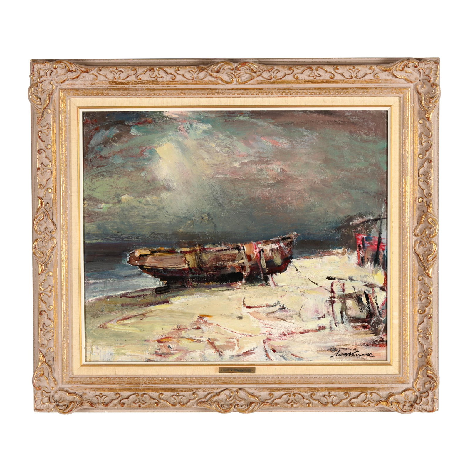 Marian Mokwa (Polish, 1889-1987), Coastal Scene with Beached Boat: Marian Mokwa (Polish, 1889-1987), Coastal Scene with Beached Boat oil on canvas, signed at lower right, presented in a period frame with linen liner and gallery plaque. Stretcher size 19 1/2 x 23 1/2 