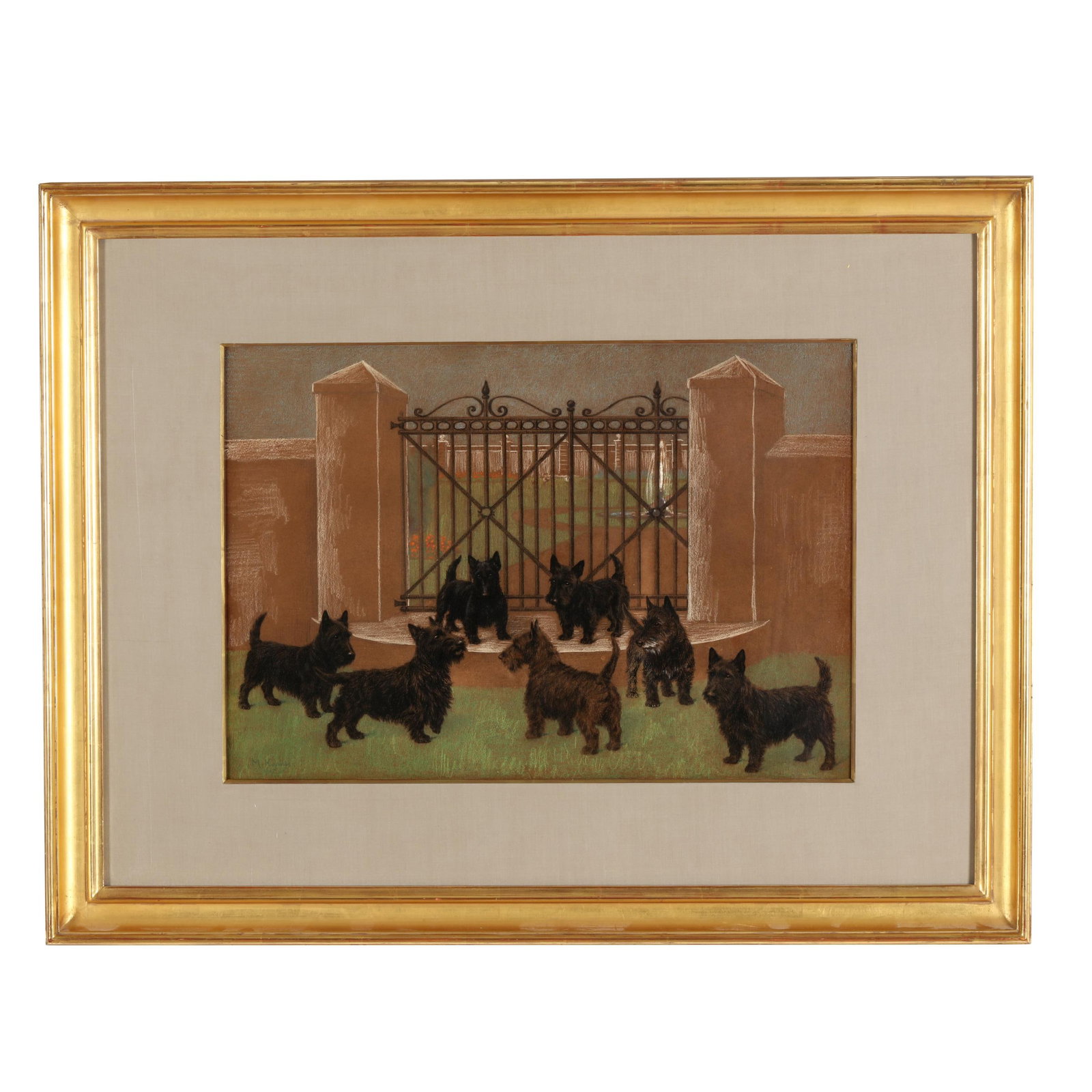 Marguerite Kirmse (British American, 1885-1954), The Scottish Terriers: Marguerite Kirmse (British American, 1885-1954), The Scottish Terriers pastel on paper, 1917, signed and dated at lower left, retaining gallery label to verso, presented under glass in an attractive g