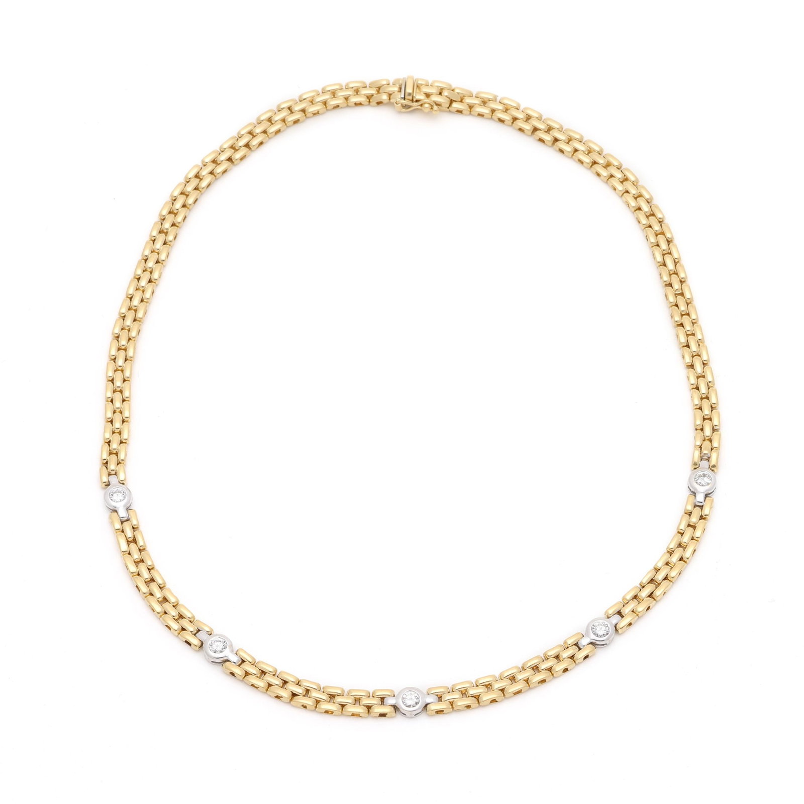 Bi-Color Gold and Diamond Necklace, Italy: Bi-Color Gold and Diamond Necklace, Italy the brick link gold necklace set with five stations, each having a flush set full cut round diamond (3.5mm) weighing approximately .85 total carat (H-I color,