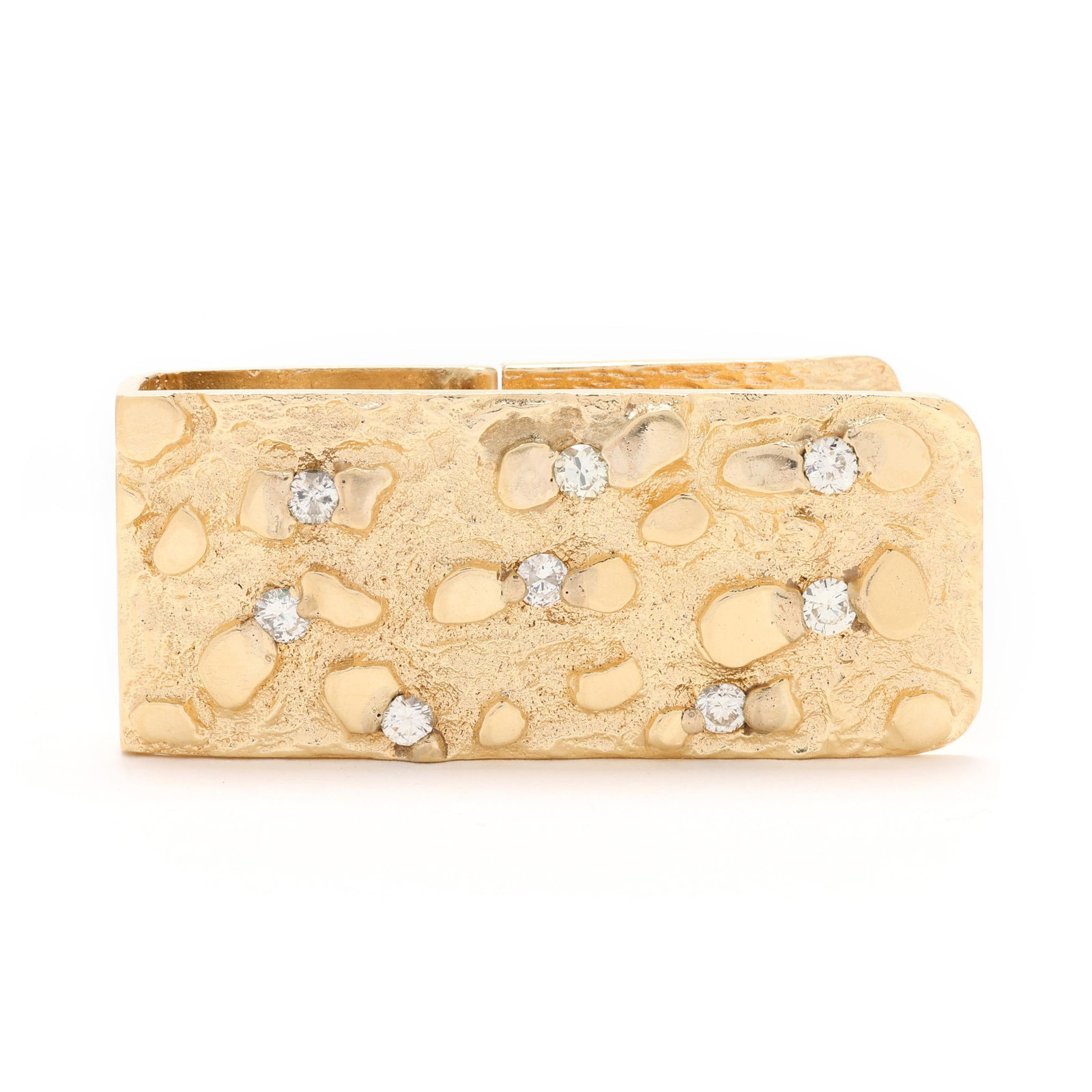 Gold and Diamond Nugget Motif Money Clip: Gold and Diamond Nugget Motif Money Clip textured gold with nugget design to front, set with full cut round diamonds weighing approximately 1.0 total carat (G-H color, SI2-I1 clarity), completed with 