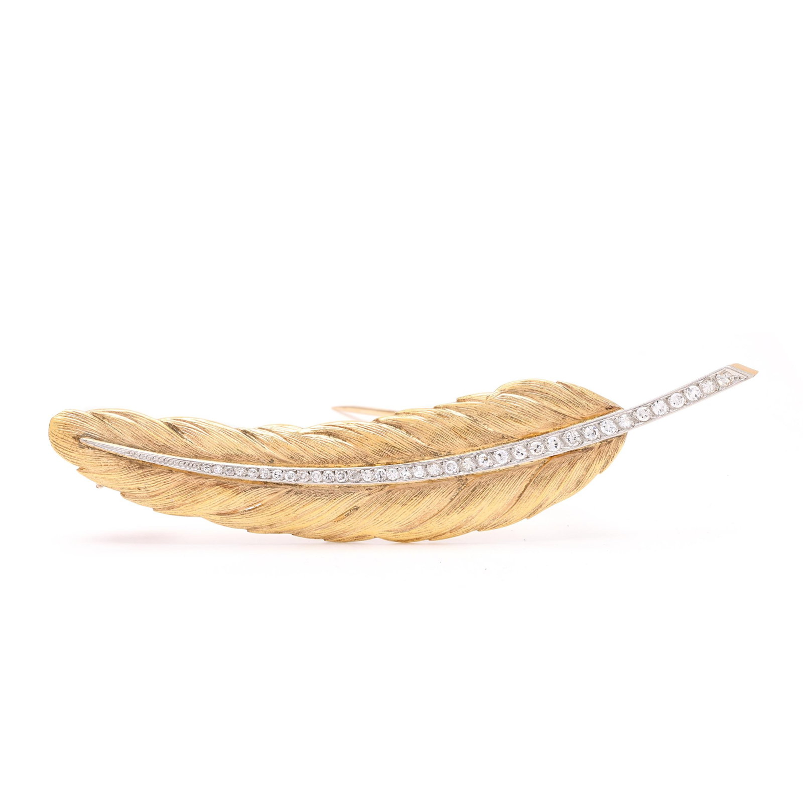 Gold, Platinum, and Diamond Feather Motif Brooch: Gold, Platinum, and Diamond Feather Motif Brooch realistic textured feather, the center bead set with full cut round diamonds weighing approximately .65 total carat (G-H color, SI2-I1 clarity) set in 