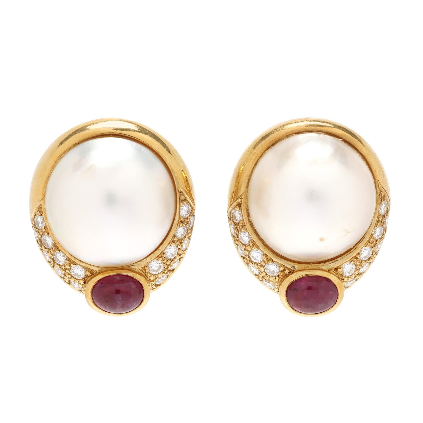 Gold, Mabé Pearl, Diamond, and Ruby Earrings, Lilli of Miami (1 of 4)