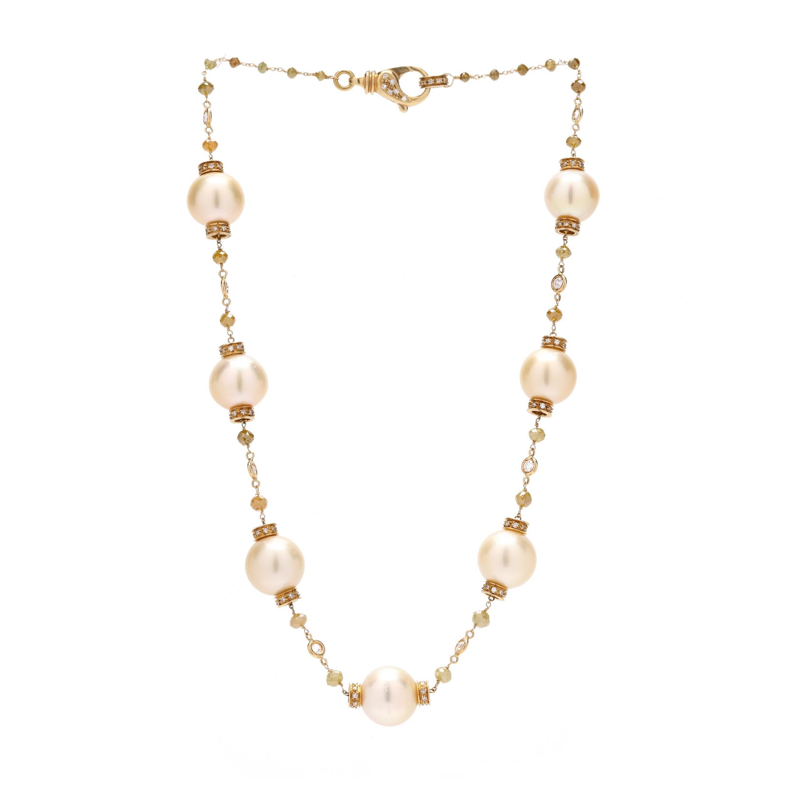 Gold and South Sea Pearl Station Necklace, Italy: Gold and South Sea Pearl Station Necklace, Italy the gold necklace strung with faceted green garnet beads, bezel set full cut round diamond stations, and round cultured South Sea pearls (13.0mm to 14.