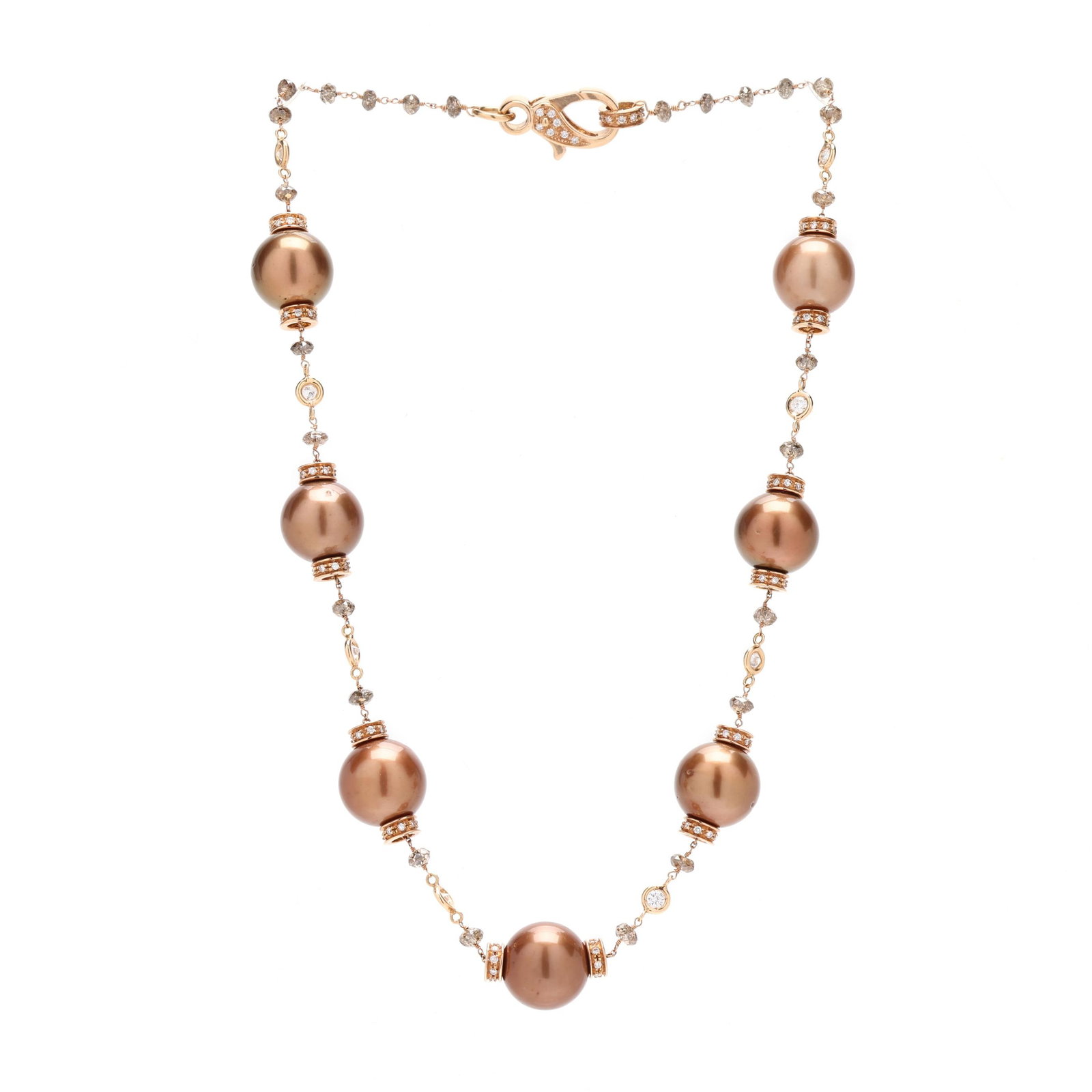 Rose Gold and South Sea Pearl Station Necklace: Rose Gold and South Sea Pearl Station Necklace the rose gold necklace strung with faceted brown garnet beads, bezel set full cut round diamond stations, and round South Sea pearls (13.2mm to 13.9mm) w