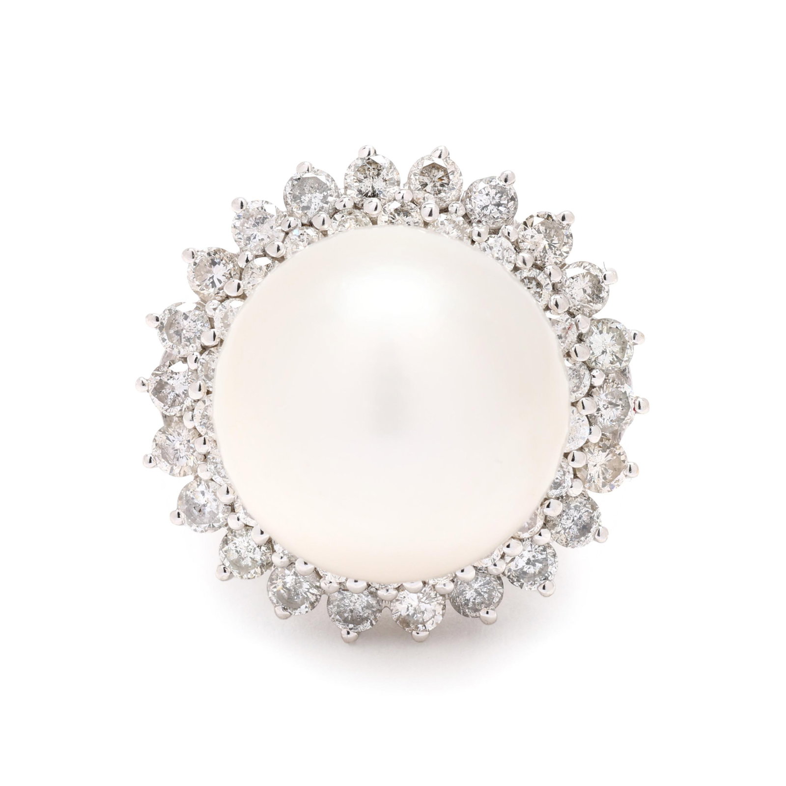 White Gold, South Sea Pearl, and Diamond Ring: White Gold, South Sea Pearl, and Diamond Ring centered on a round cultured South Sea pearl (14.8mm) within a double halo of full cut round diamonds weighing approximately 1.50 total carats (H-I color,