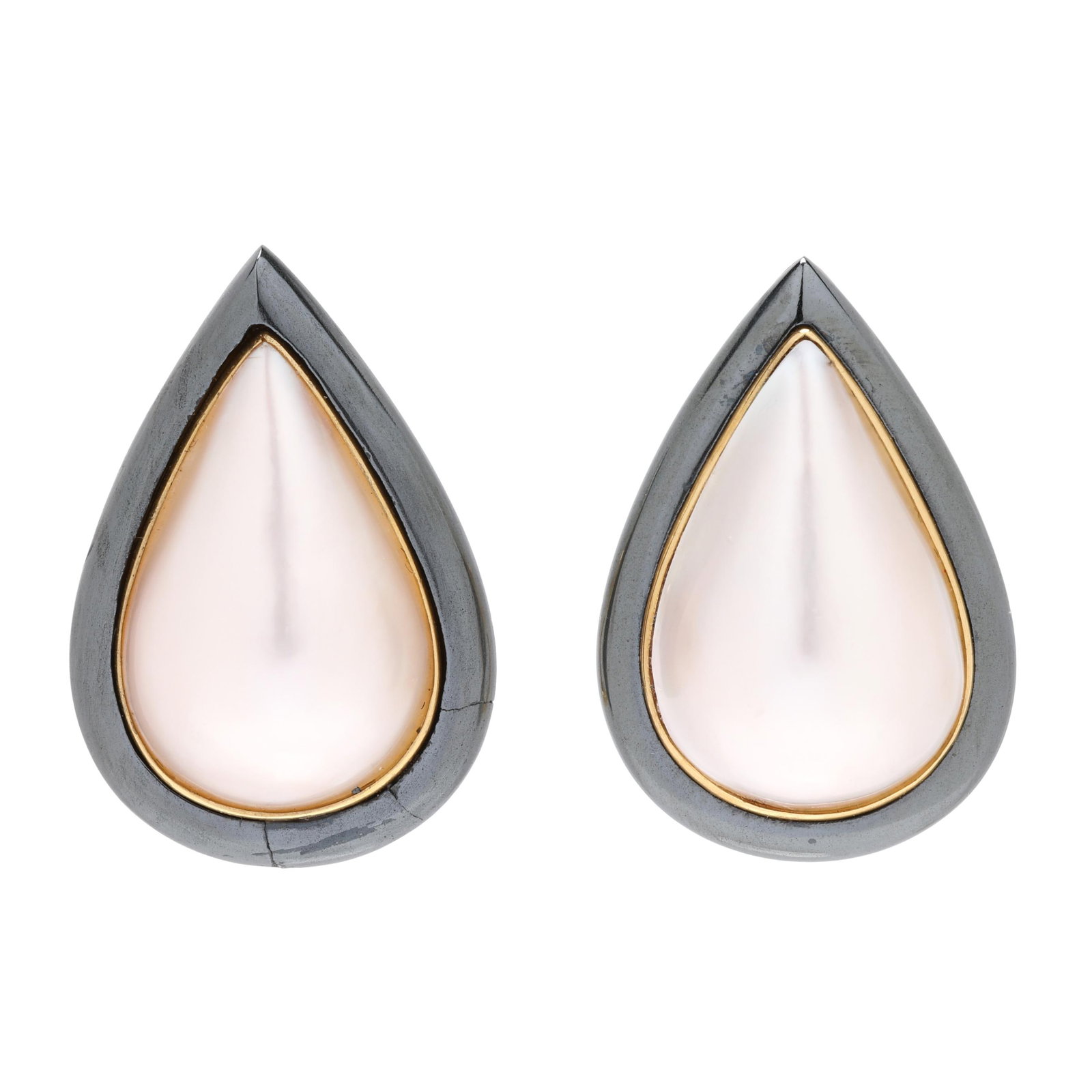 Gold, Mabé Pearl, and Hematite Teardrop Motif Earrings, Angela Cummings (1 of 4)