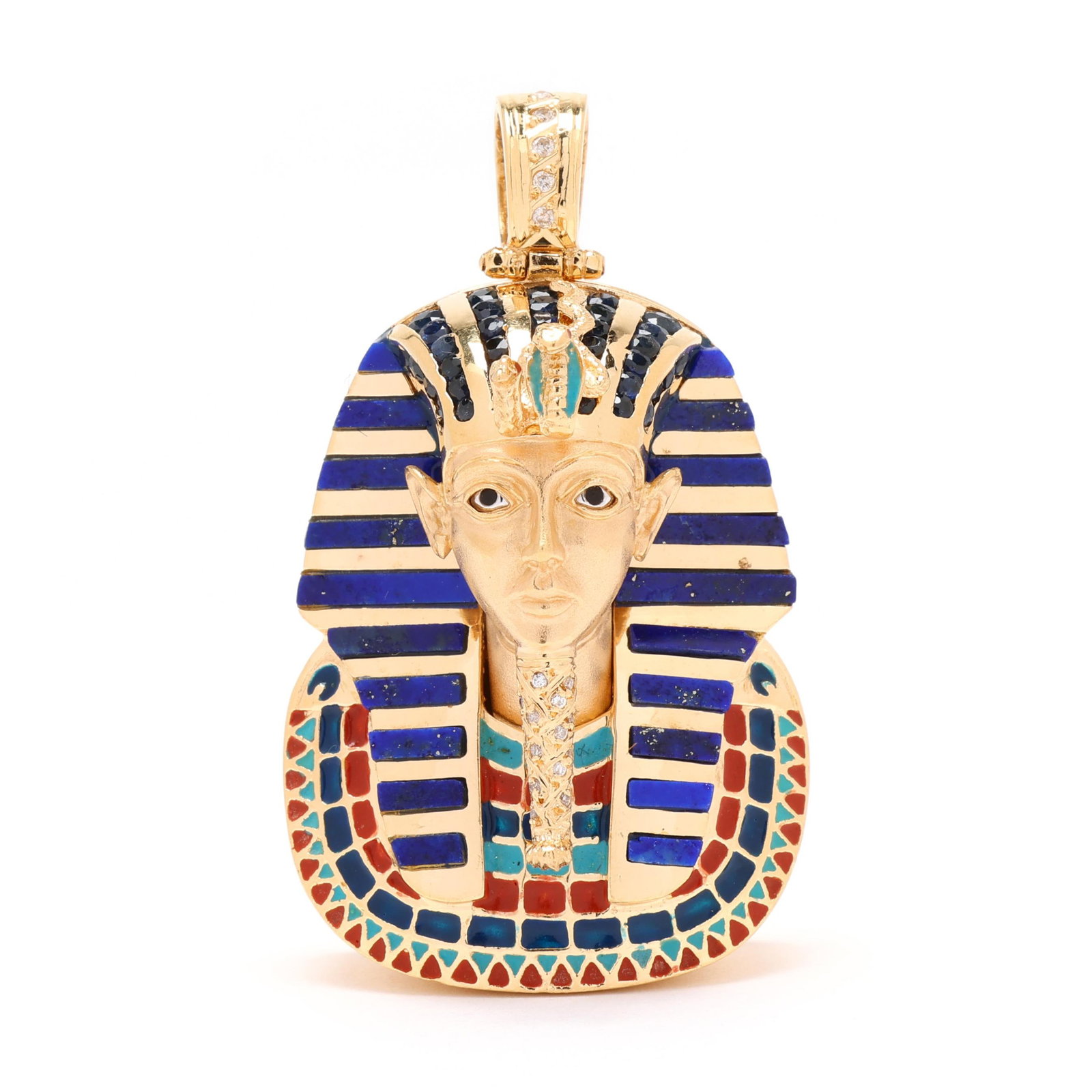 Gold, Enamel, and Gem-Set Egyptian Pharaoh Pendant Necklace: Gold, Enamel, and Gem-Set Egyptian Pharaoh Pendant Necklace the bust of an Egyptian pharaoh with enamel decoration to garments, the headpiece inlaid with rectangular tablet cut lapis lazuli and with r