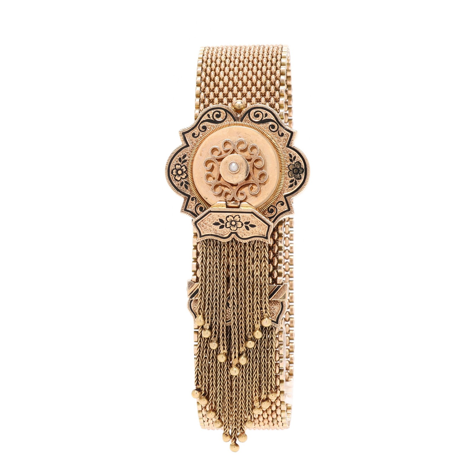 Victorian Gold, Enamel, and Seed Pearl Tassel Slide Bracelet (1 of 4)