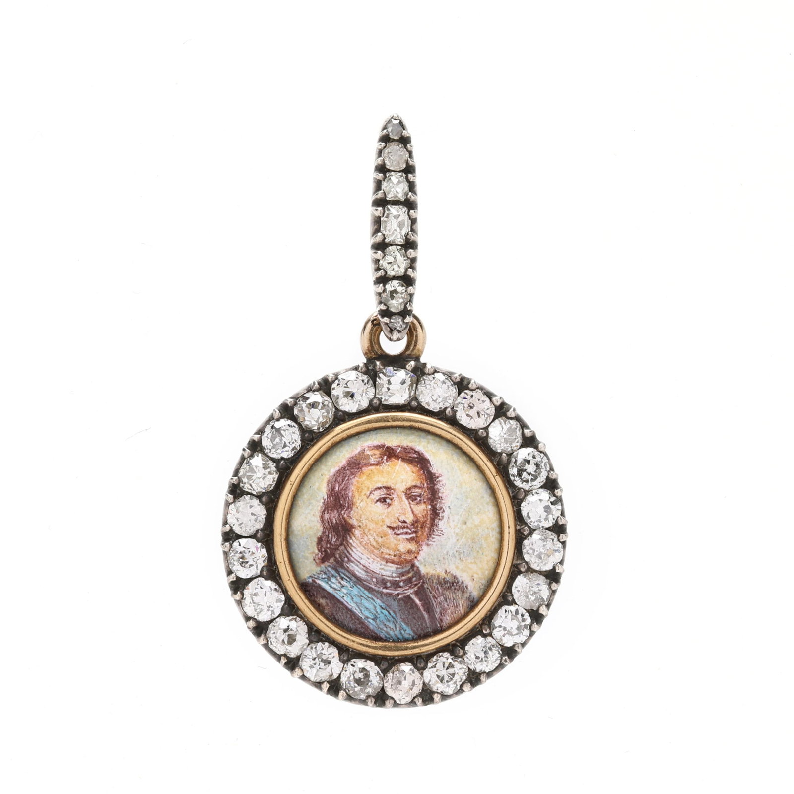 Antique Silver Topped Gold and Diamond Portrait Pendant of Tsar Peter, Russia: Antique Silver Topped Gold and Diamond Portrait Pendant of Tsar Peter, Russia central portrait of Tsar Peter the Great within a circular surround, the surround and bail set with old mine cut diamonds 
