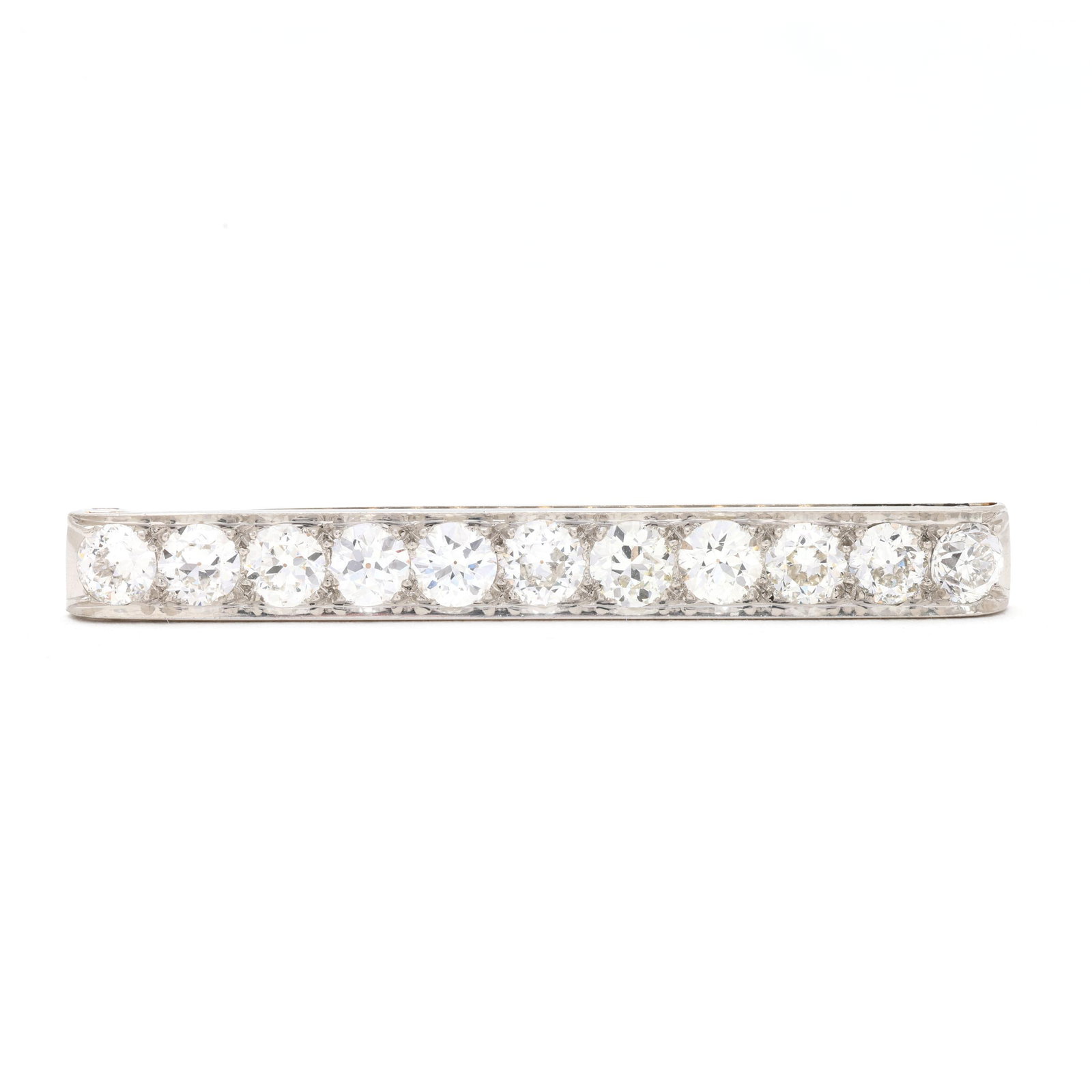 Antique Platinum and Diamond Bar Brooch, Tiffany & Co.: Antique Platinum and Diamond Bar Brooch, Tiffany & Co. the platinum bar brooch set with old European cut diamonds weighing approximately 3.0 total carats (F-G color, VS2-SI1 clarity), completed with a