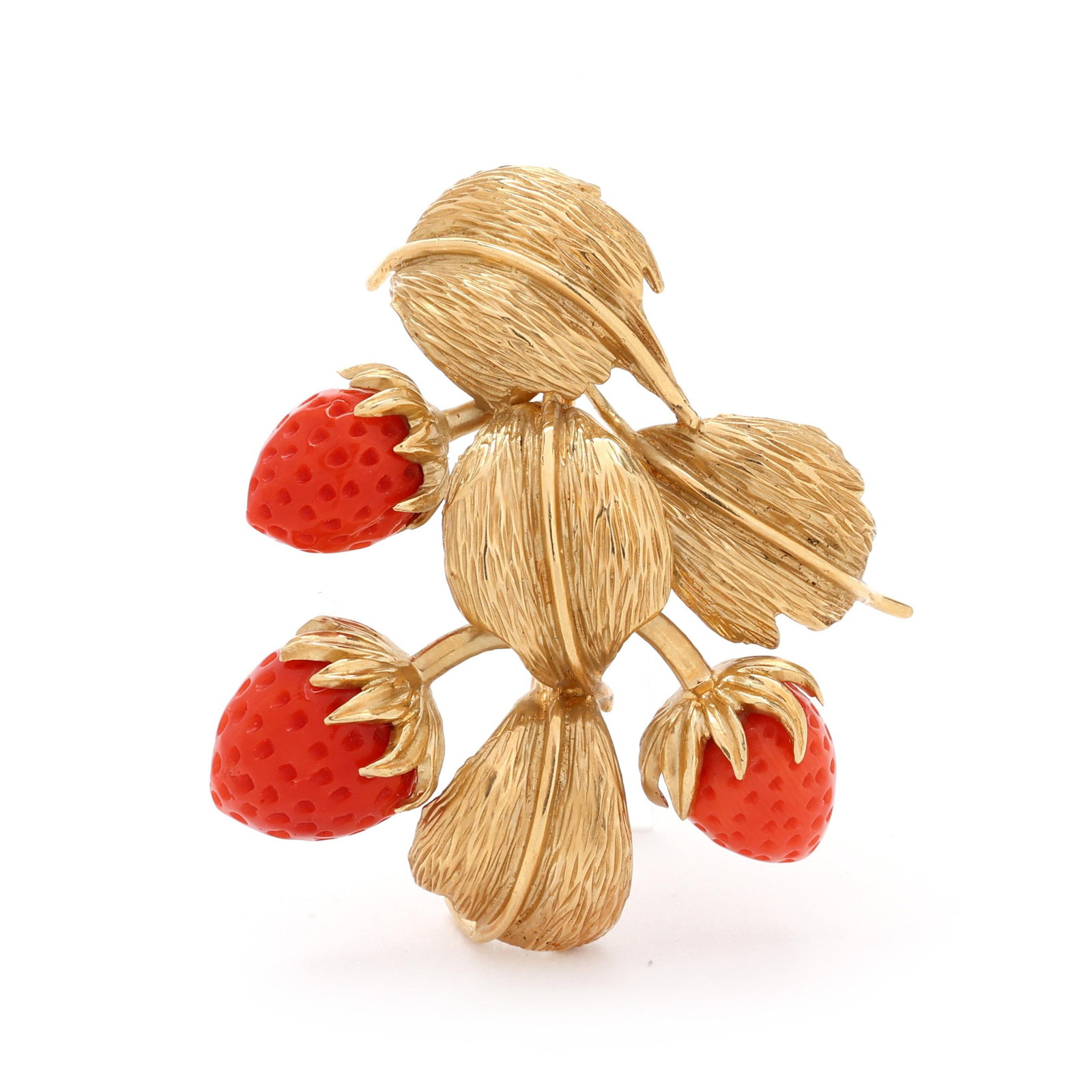 Vintage Gold and Coral Strawberry Motif Brooch, F & F Felger, Inc.: Vintage Gold and Coral Strawberry Motif Brooch, F & F Felger, Inc. the brooch in foliate form with carved coral in the form of strawberries, completed with a locking pin stem, stamped 14K and with mak