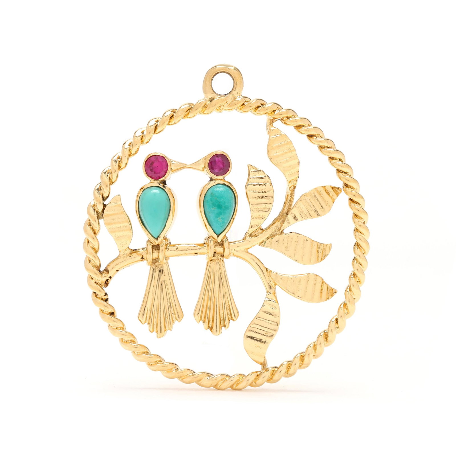 Vintage Gold, Ruby, and Turquoise Lovebird Charm, Van Cleef & Arpels: Vintage Gold, Ruby, and Turquoise Lovebird Charm, Van Cleef & Arpels the circular motif charm with two birds on a branch, the birds set with round cut ruby eyes and pear cabochon cut turquoise bodies,