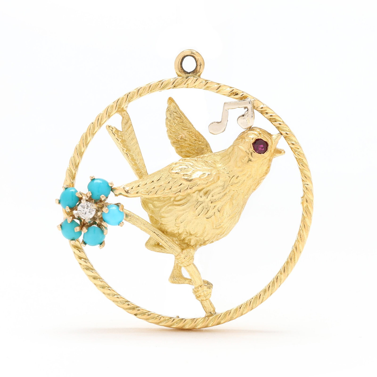 Vintage Gold, Turquoise, Ruby, and Diamond Songbird Charm (1 of 2)