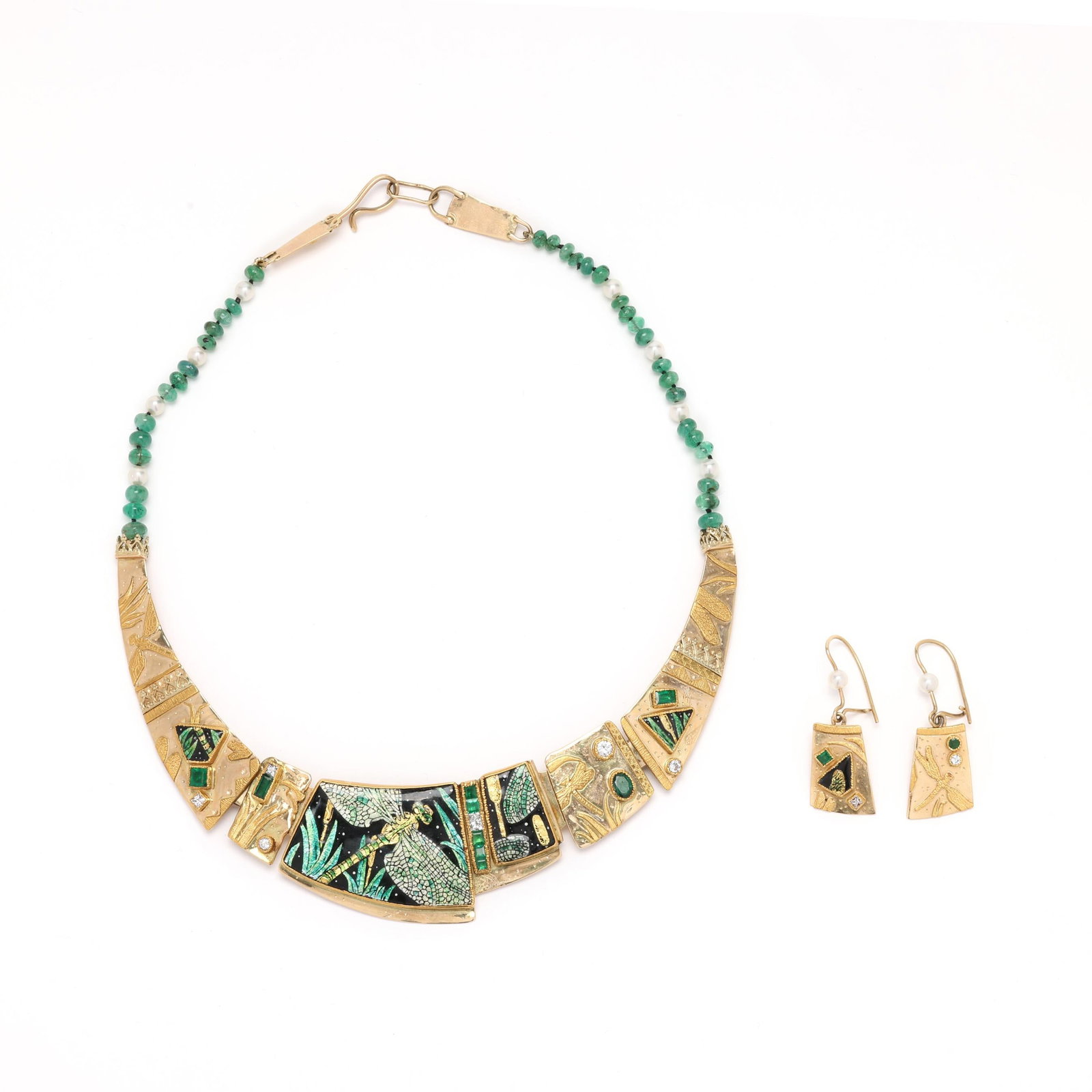 Gold, Enamel, and Gem-Set Dragonfly Motif Necklace and Earrings, Marianne Hunter: Gold, Enamel, and Gem-Set Dragonfly Motif Necklace and Earrings, Marianne Hunter to include: a collar necklace, the central section with gold panels with dragonfly motifs in gold and enamel, set with 