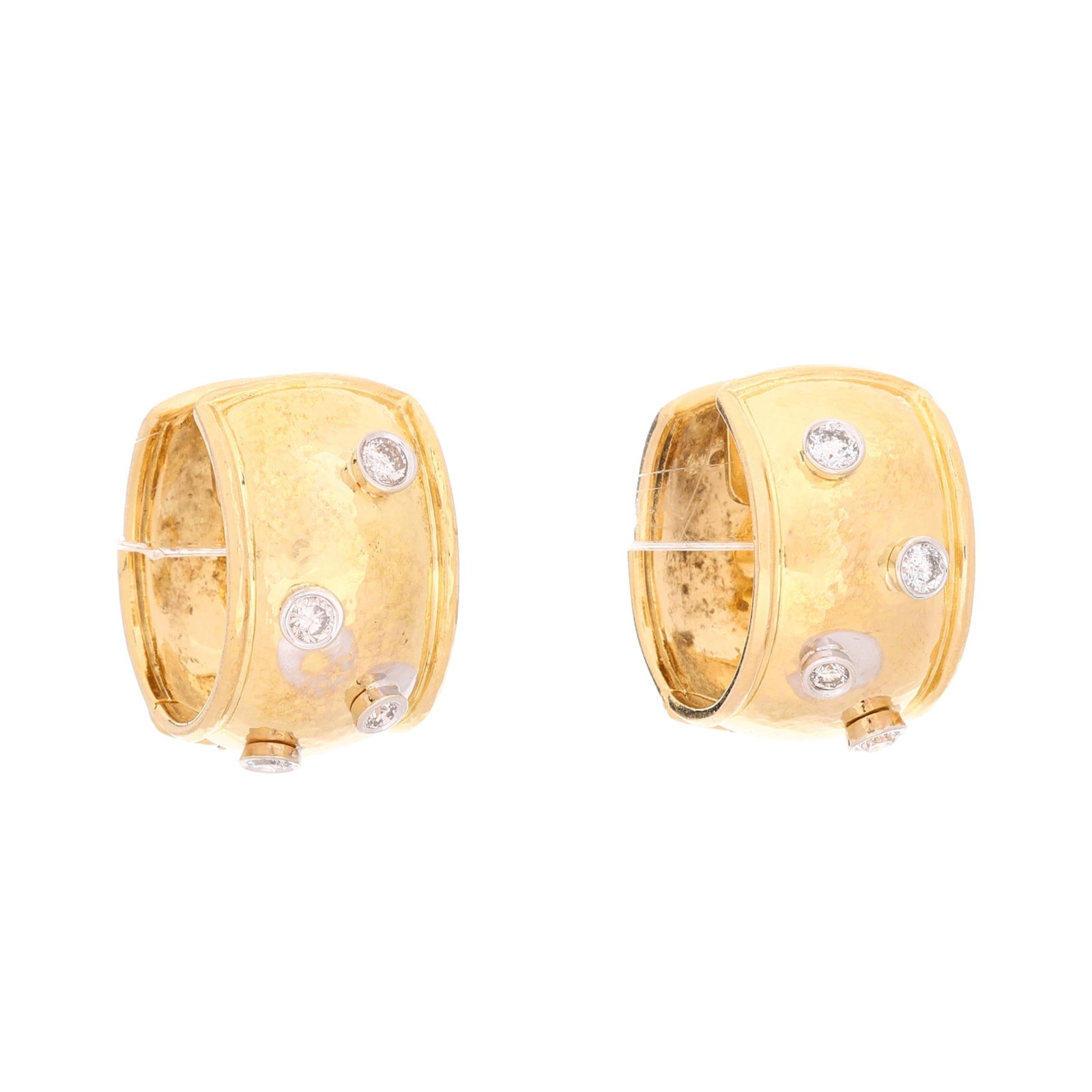 Hand-Hammered Gold and Diamond Hoop Earrings, Elizabeth Locke: Hand-Hammered Gold and Diamond Hoop Earrings, Elizabeth Locke wide hand-hammered hoops collet set with full cut round diamonds weighing approximately .28 total carat (H-I color, SI2-I1 clarity), compl