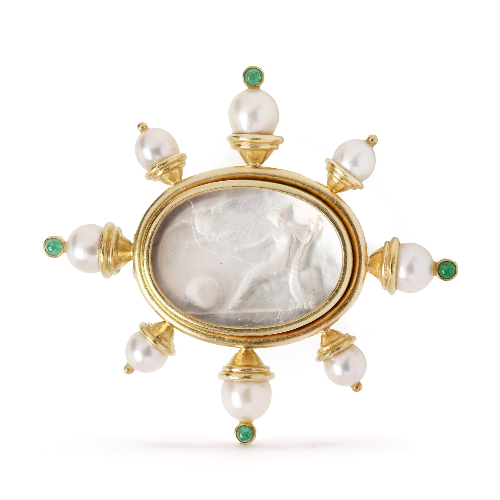 Gold, Venetian Glass, Pearl, and Emerald Brooch, Elizabeth Locke (1 of 3)