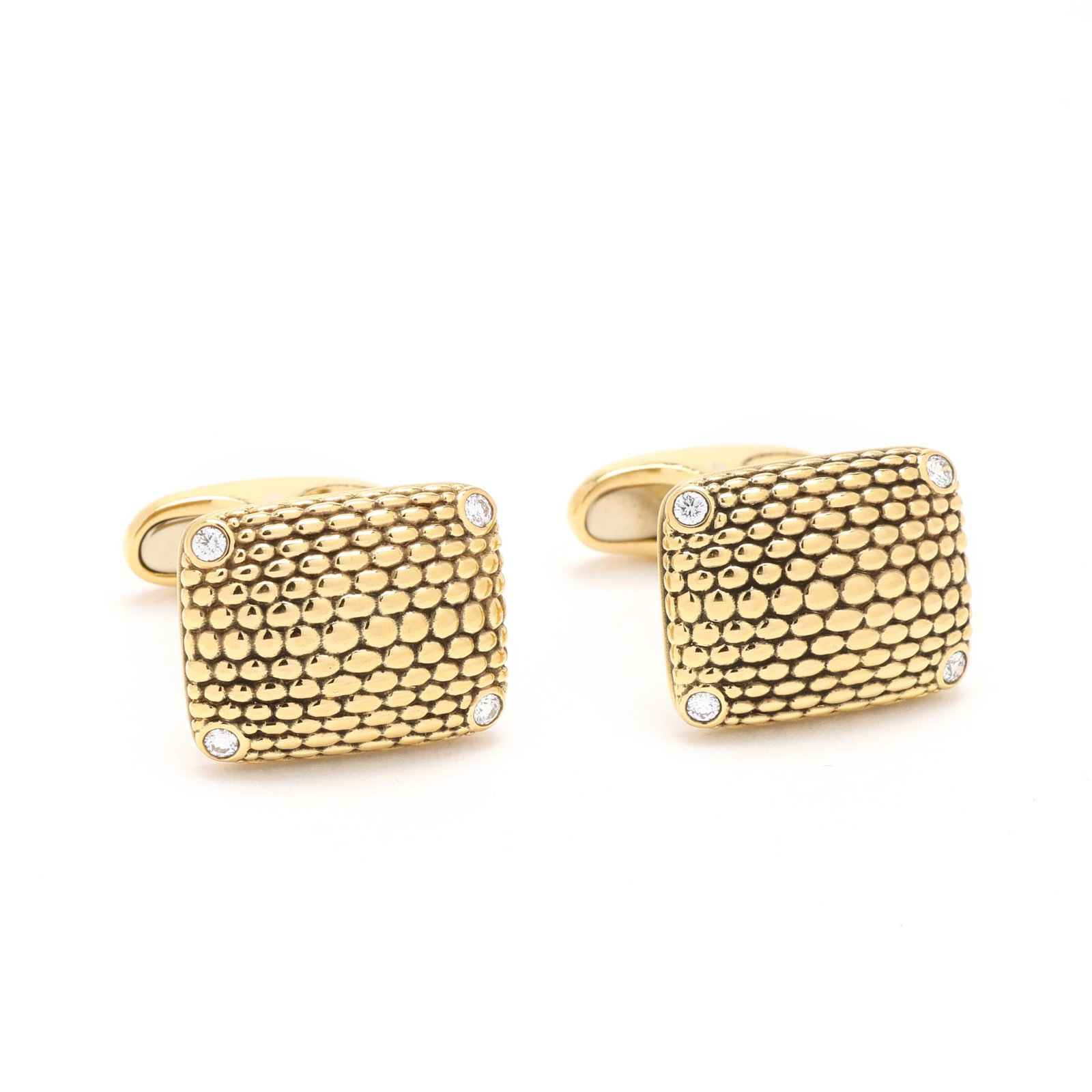 Gold, Diamond, and Sapphire Cufflinks, Alex Sepkus: Gold, Diamond, and Sapphire Cufflinks, Alex Sepkus convex rectangular form in a repeating geometric motif, set to each corner with a full cut round diamond (1.75mm) weighing approximately .16 total ca