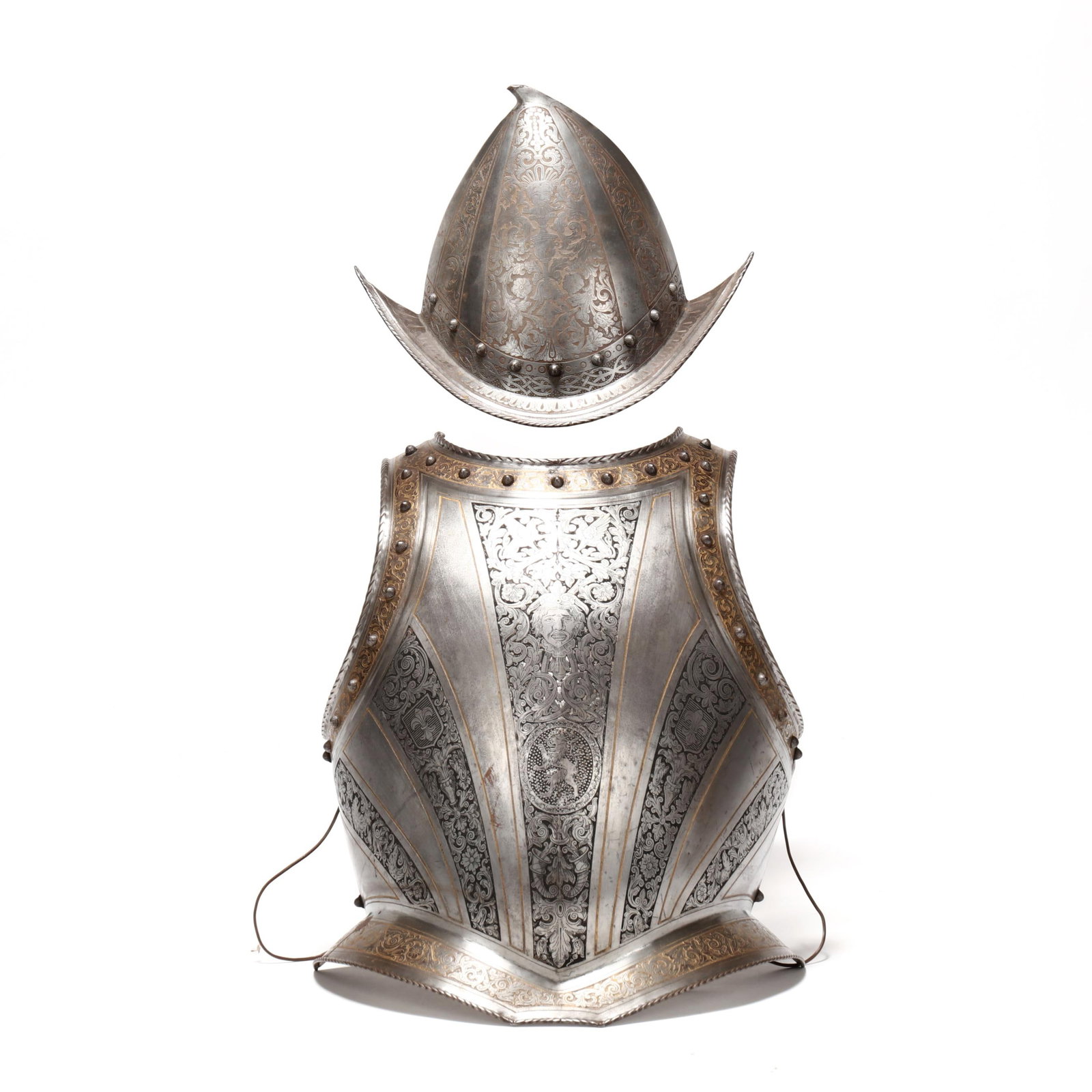 Italian 16th Century Style Morion-Cabasset Steel Helmet and Breast Plate: Italian 16th Century Style Morion-Cabasset Steel Helmet and Breast Plate circa 1900, featuring ornate etched figural and foliate bands in the late-16th-century Milanese style, enhanced with niello or 