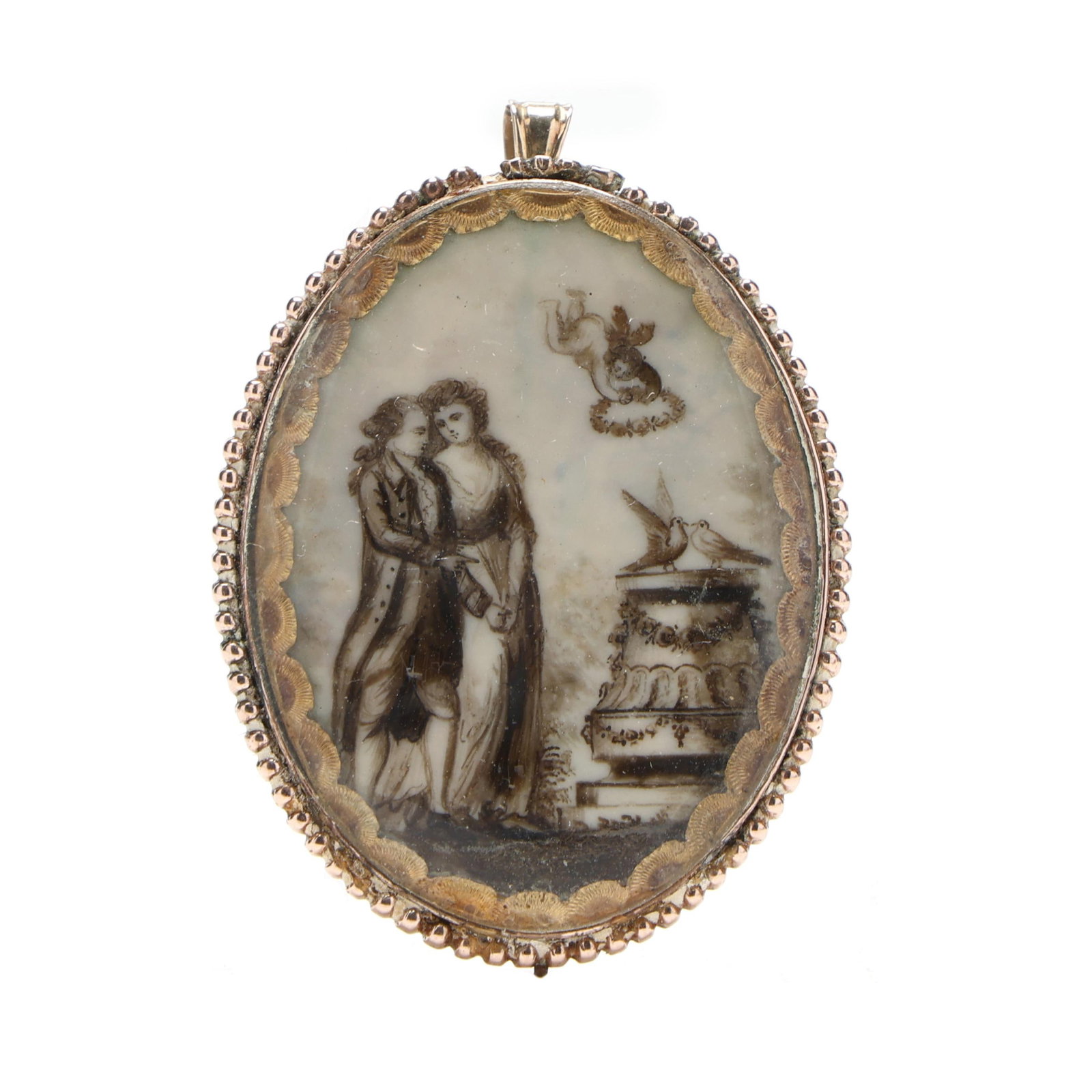 American School (Late 18th Century), 14K Gold Cased Mourning Locket with Two Figures and Cupid: American School (Late 18th Century), 14K Gold Cased Mourning Locket with Two Figures and Cupid watercolor and hair on natural wafer, the scene depicting a mourning couple standing beside a garland dra